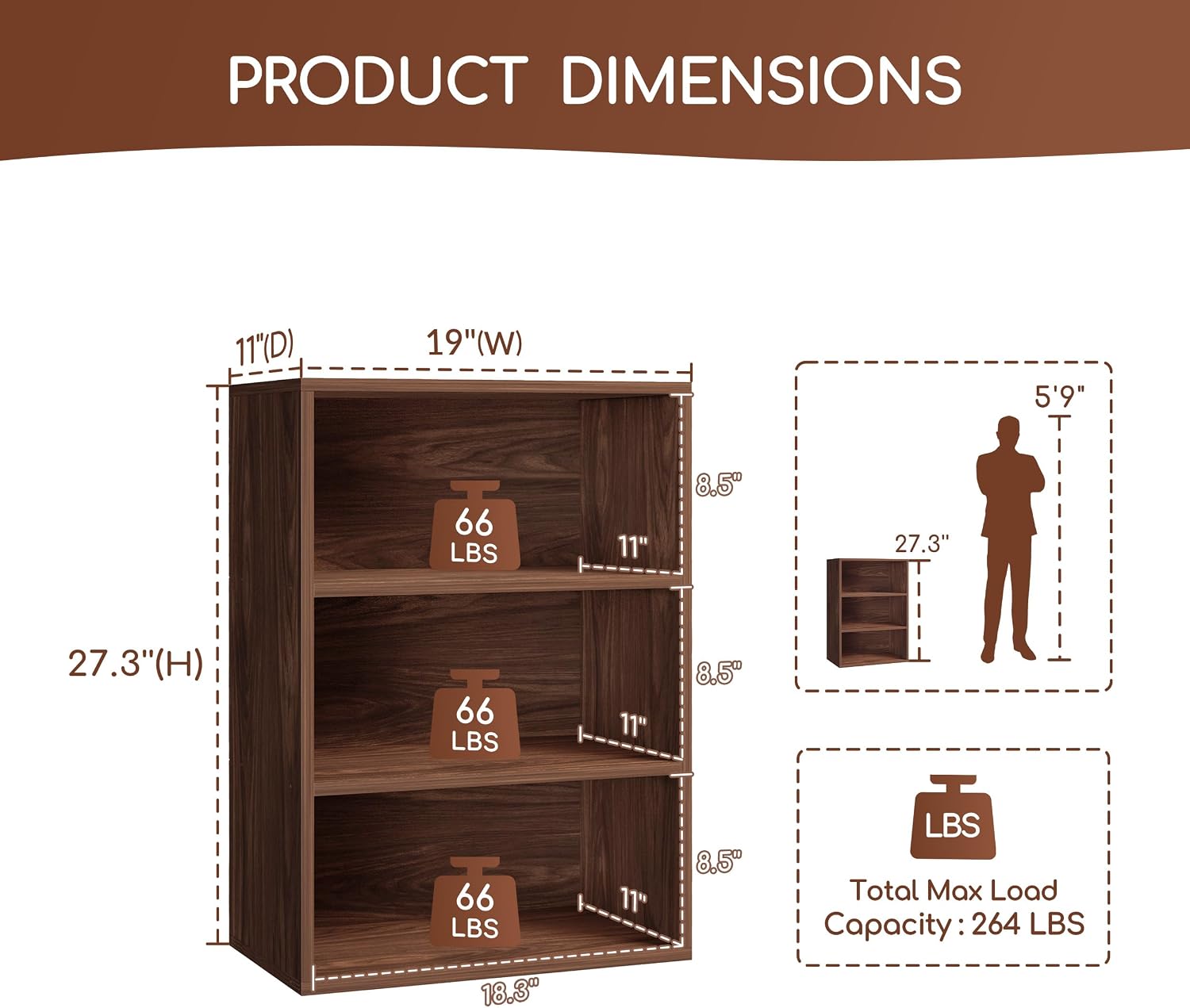 Basic Open Shelf Bookcase – 3-Tier Extra Deep Wooden Bookshelf, Storage Shelves with 11-Inch Depth, Black Walnut