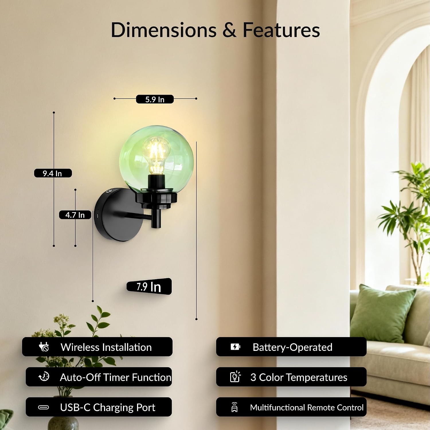 Set of 2 Battery Operated Wall Sconces with Remote, Rechargeable Dimmable Cordless Wall Lights, Modern Black Wall Lamps with Green Glass Globe Shades