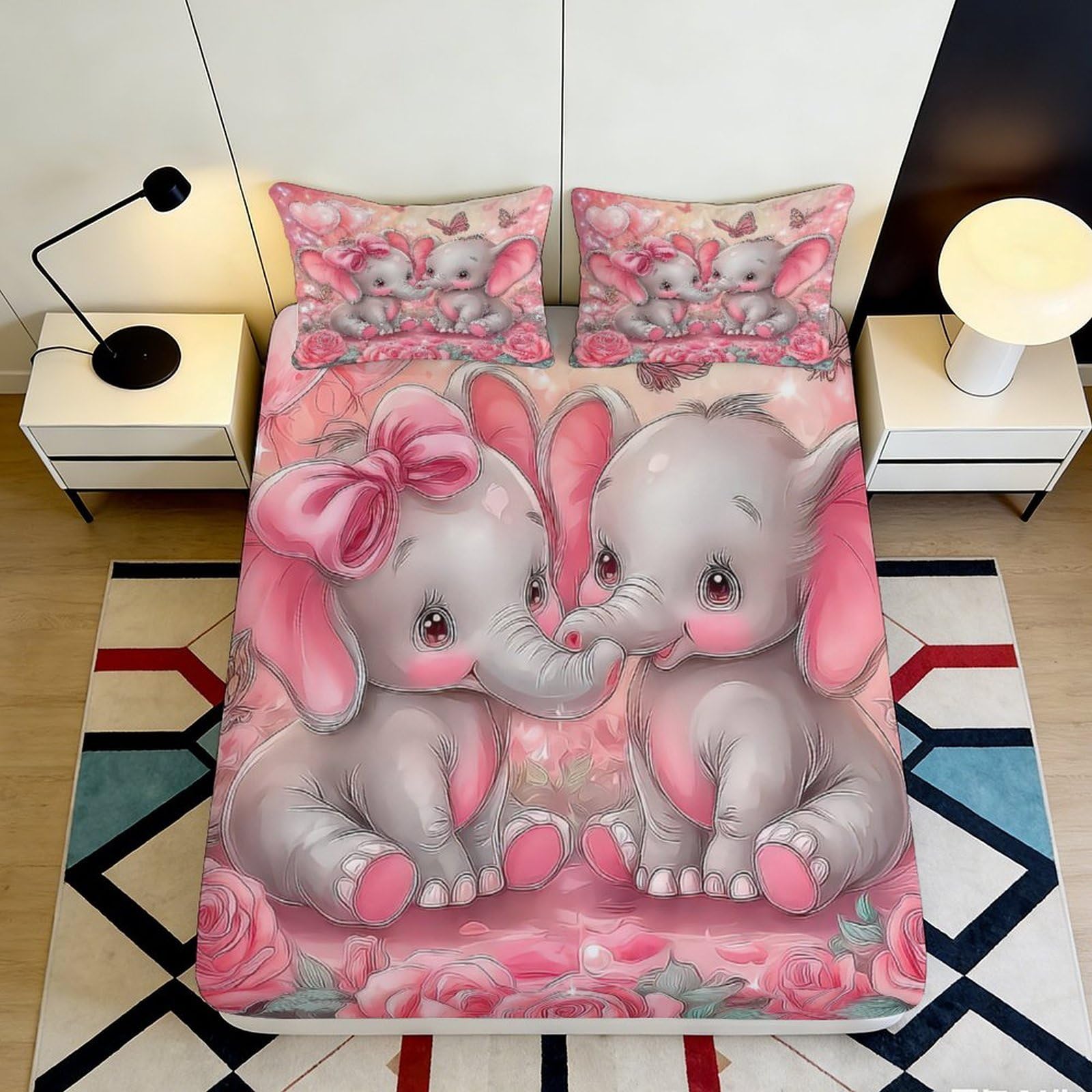 3D Printed Pink Elephant Fitted Sheet Microfiber Soft Decorative Cartoon Animal Bed Cover for Bedroom Guest Room 90x200x25cm