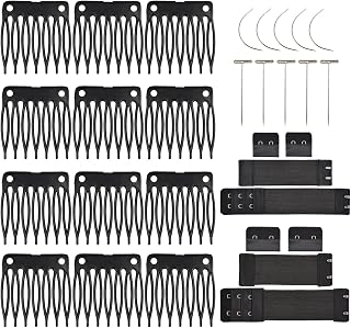 YTBYT 50pcs No-Sew Wig Combs 7-Teeth Plastic Clips with Elastic Bands, T Pins & C Curve Needles - Secure Wigs Easily