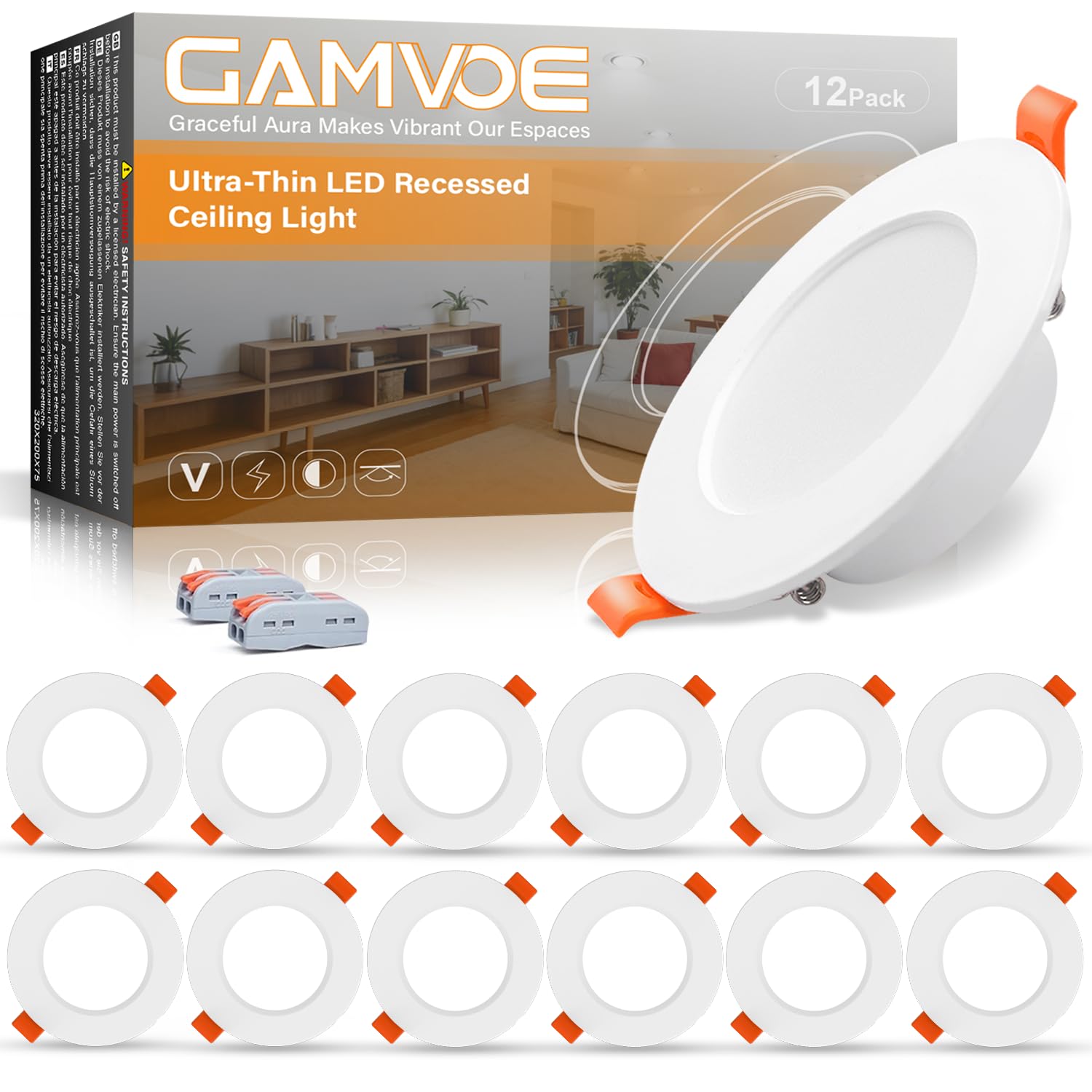 Downlights for Ceiling,GAMVOE Recessed Ceiling Lights 6W/5500K Natural White Light,Bathroom Spotlights Cut Diameter 70mm-99mm Non Dimmable Ultra Slim LED Spot Lights for Kitchen, Living Room(12 Pack)