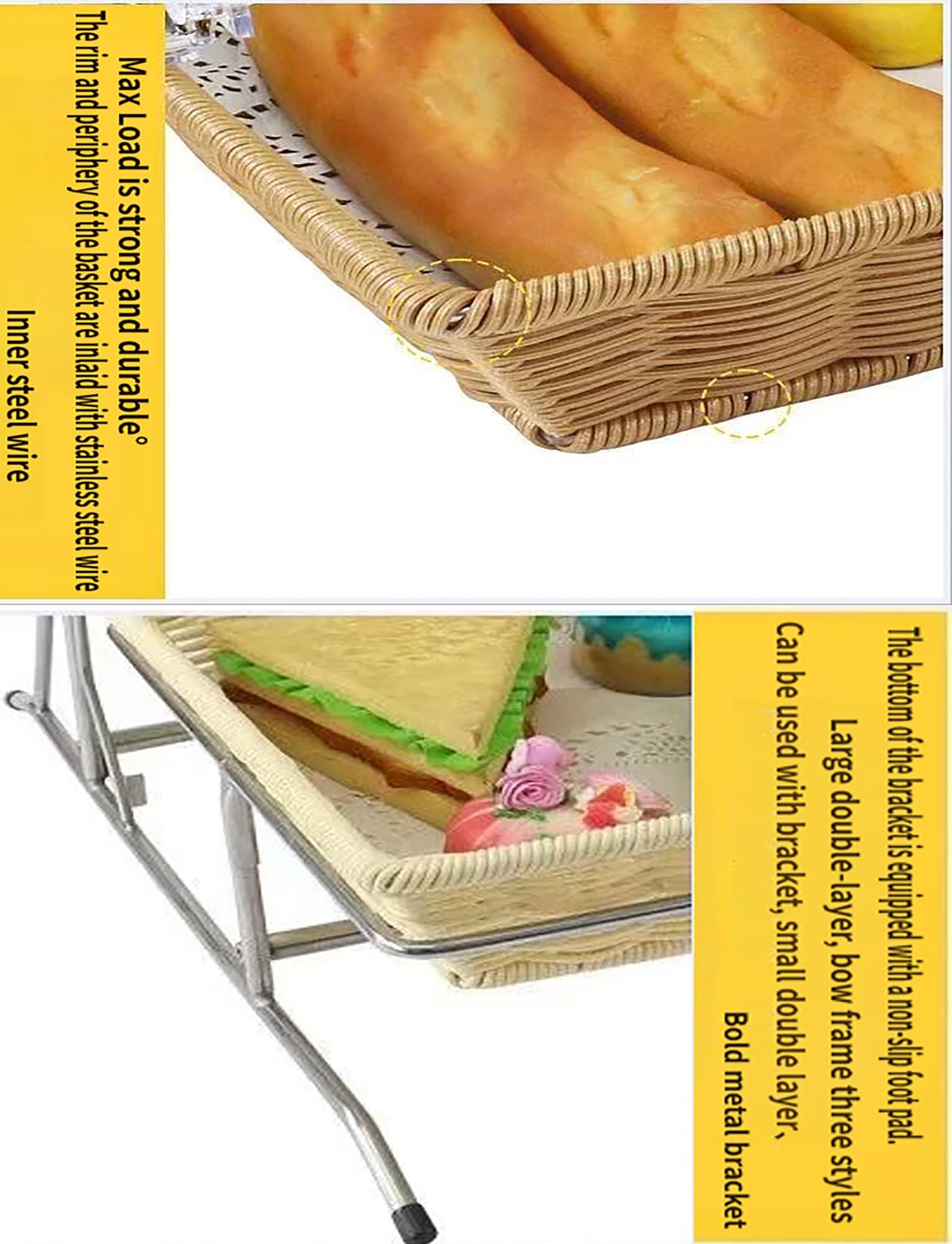 Expositor de repostería con cubiertas higiénicas, diseño de 3 niveles y cestas de ratán sintético para cafeterías, bufés y servicios de desayuno