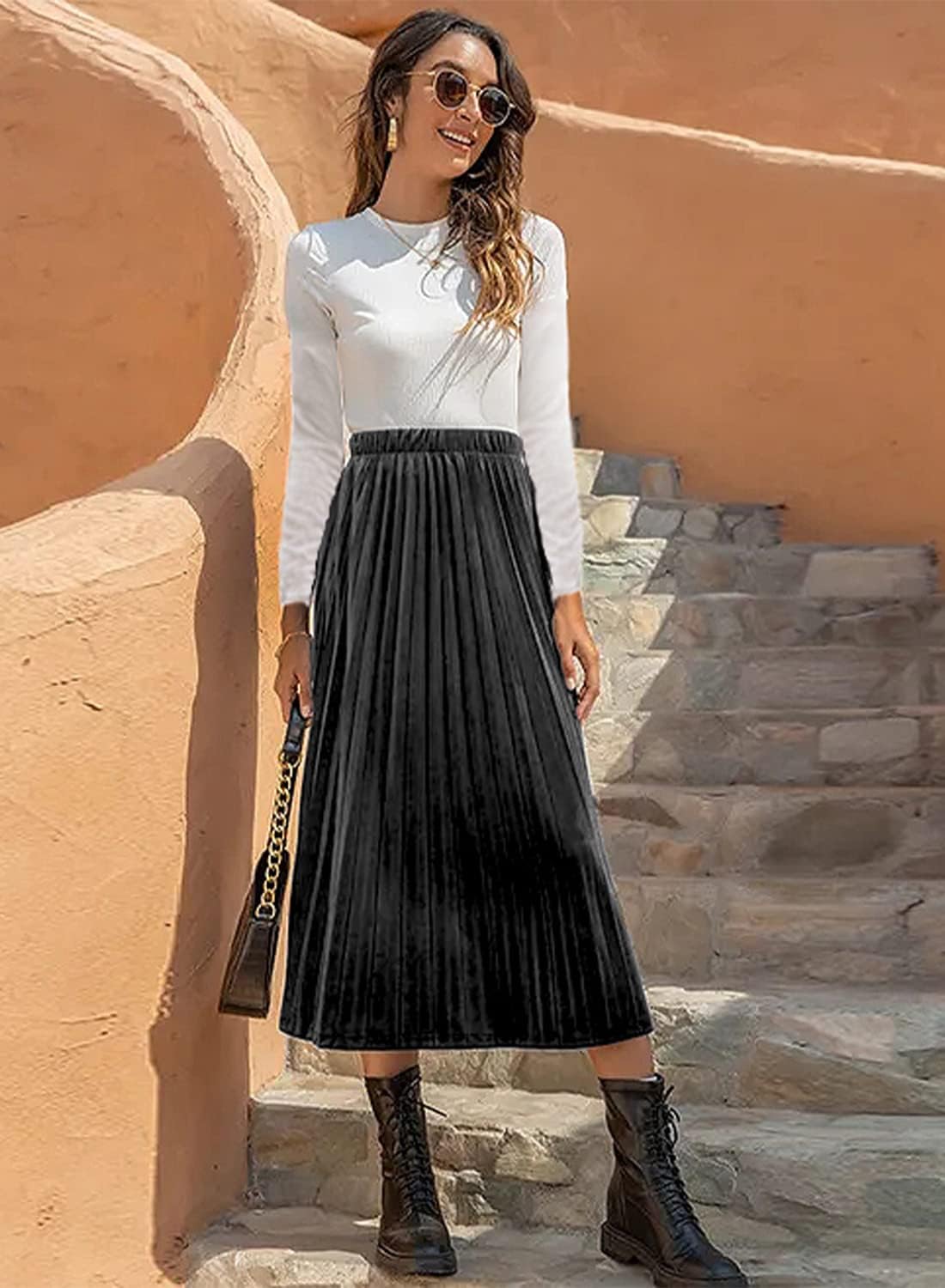 Women’s High Elastic Waist Skirt Pleated A Line Swings Midi Velvet Skirts for Women - Image 2