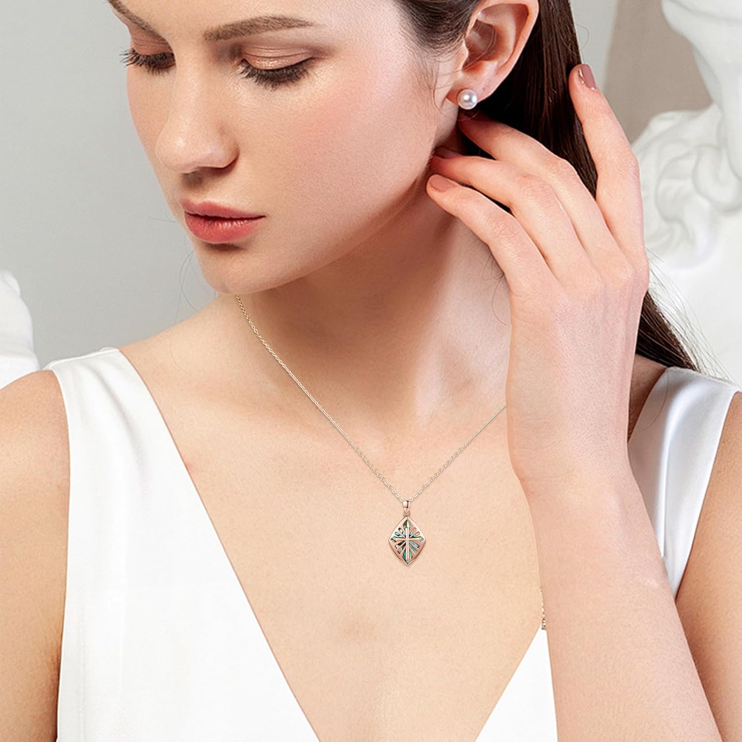 Cross Necklace for Women 925 Sterling Silver Abalone/Opal Shell Cross Pendant Necklace Religious Birthday Christmas Jewelry Gifts for Her