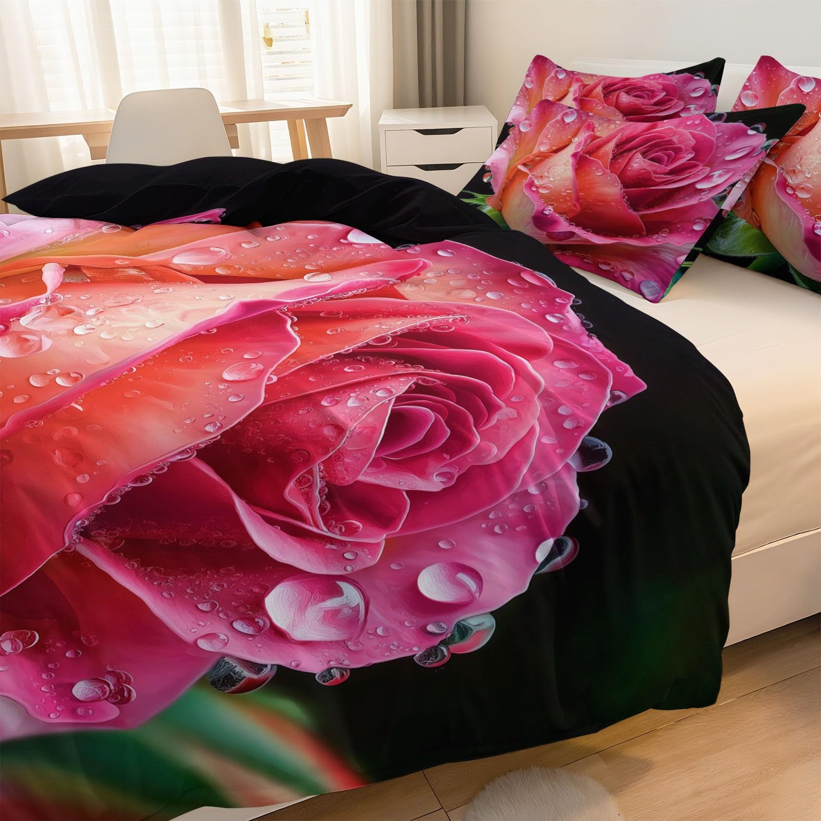 Set copripiumino super king size, 260 x 220 cm, morbido, stampato, motivo floreale romantico con rose, in microfibra spazzolata, reversibile, con 2 federe, nero