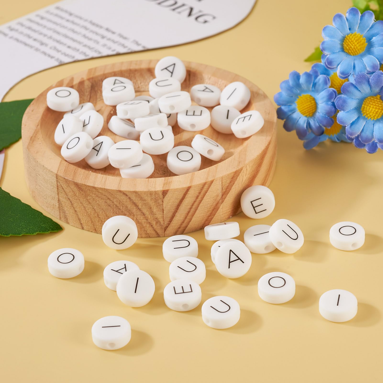 Spritewelry 50 Pcs Silicone Letter Beads White Flat Round Letter A E I O U Vowel Beads Alphabet Spacer for DIY Bracelets Necklaces Earrings Jewelry Making - Image 4