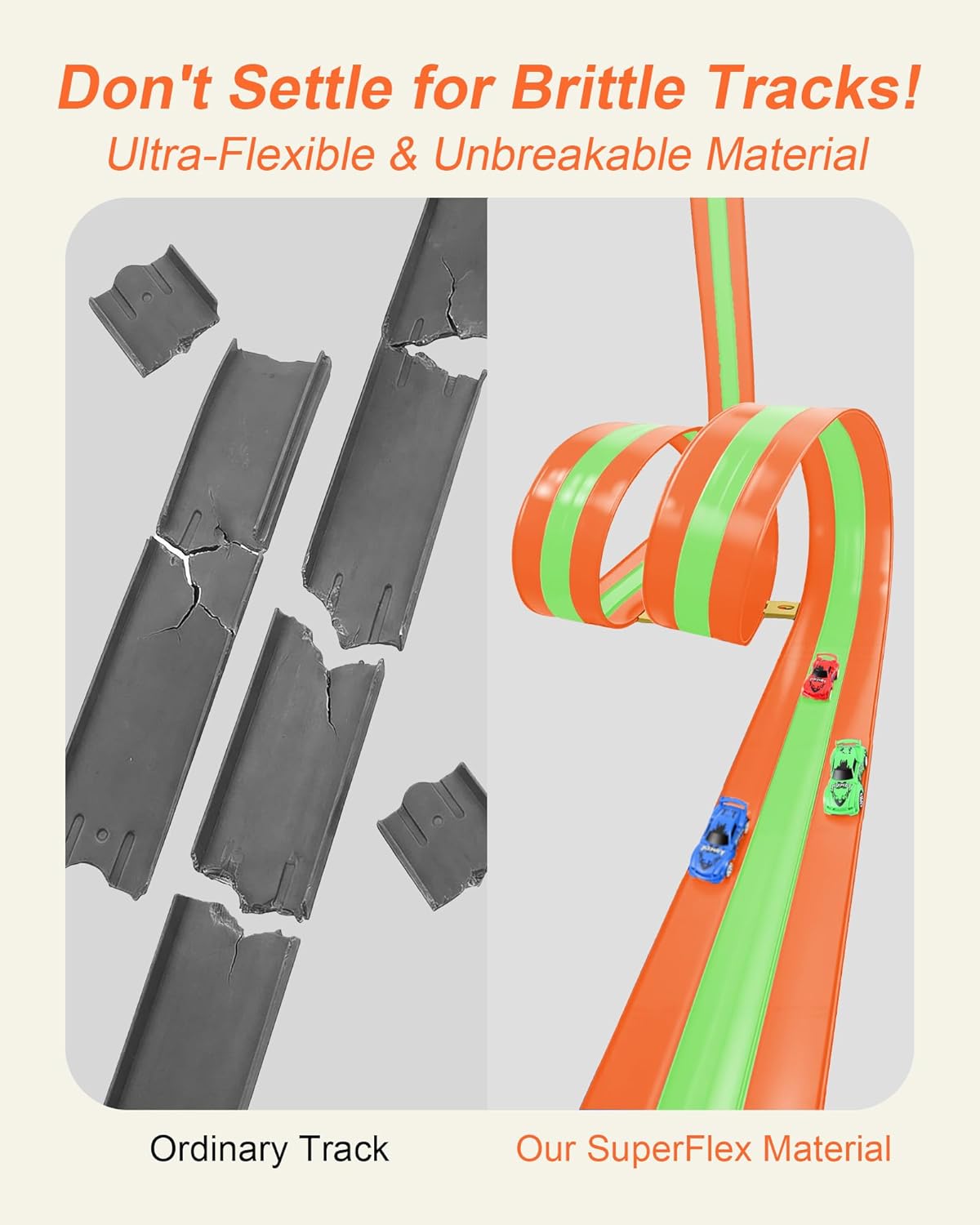 3-Lane Flexible Race Car Track for Kids, 16.4ft Roll Up Racetrack with 6 Cars, No Assembly Battery-Free Track Set Compatible with 1/64 Diecast Cars, Gift for Boys Girls 3-12, Orange