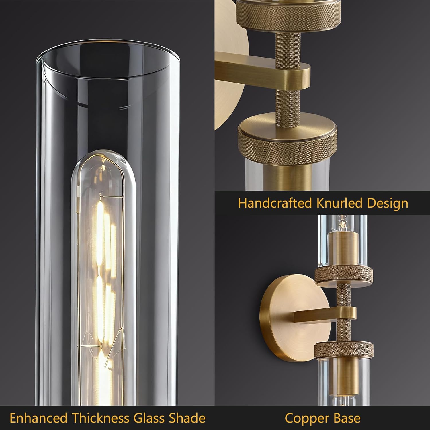 Bathroom Wall Sconces Set of Two, 30" Knurled Brass Wall Sconces with Tube Glass,Gold Sconces Wall Lighting Vanity Sconce for Bedroom,Living Room,Hallway, Staircase(E26 Bulb Include)