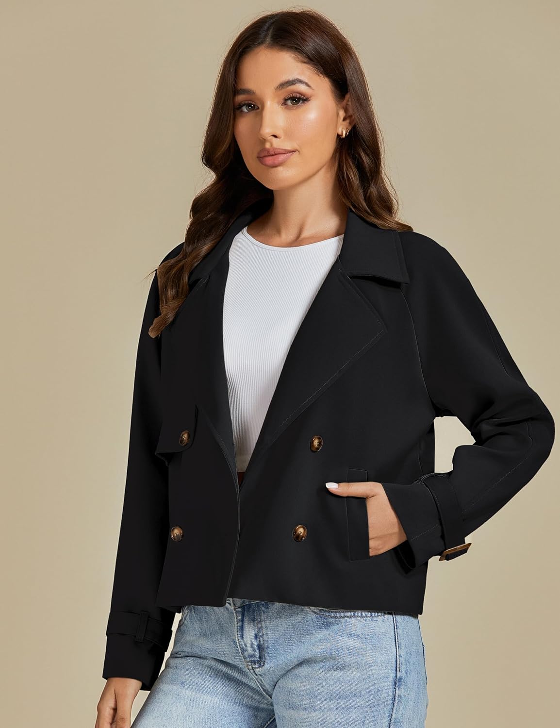 luvamia Cropped Trench Coat for Women Long Sleeve Double Breasted Notched Lapel Casual Loose Fit Jackets with Pockets - Image 3