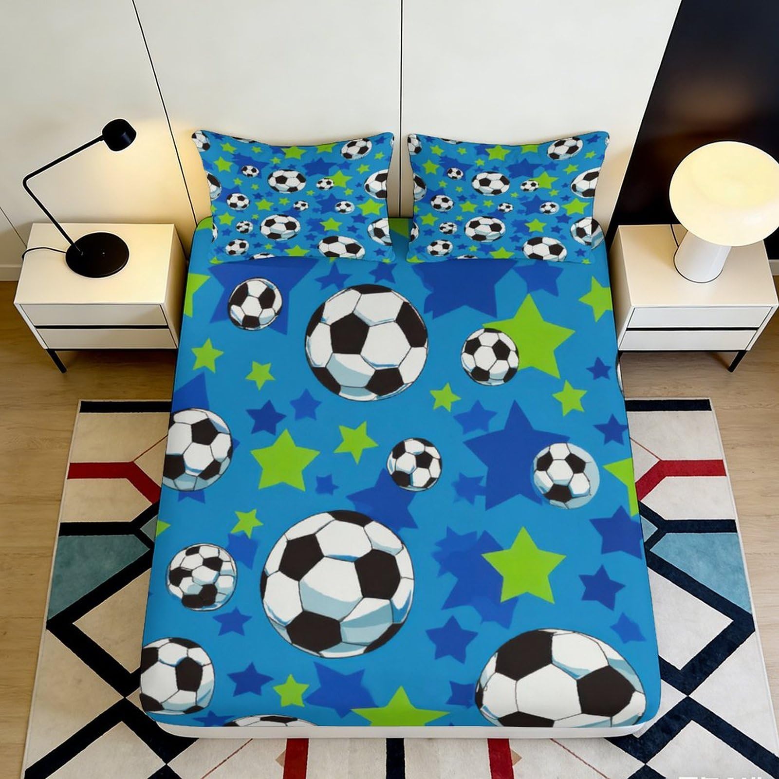 3D Printed Soccer Ball Stars Fitted Sheet Microfiber Anti-Slip Mattress Cover Blue Bedding for Bedroom Guest Dorm 90x200x25cm