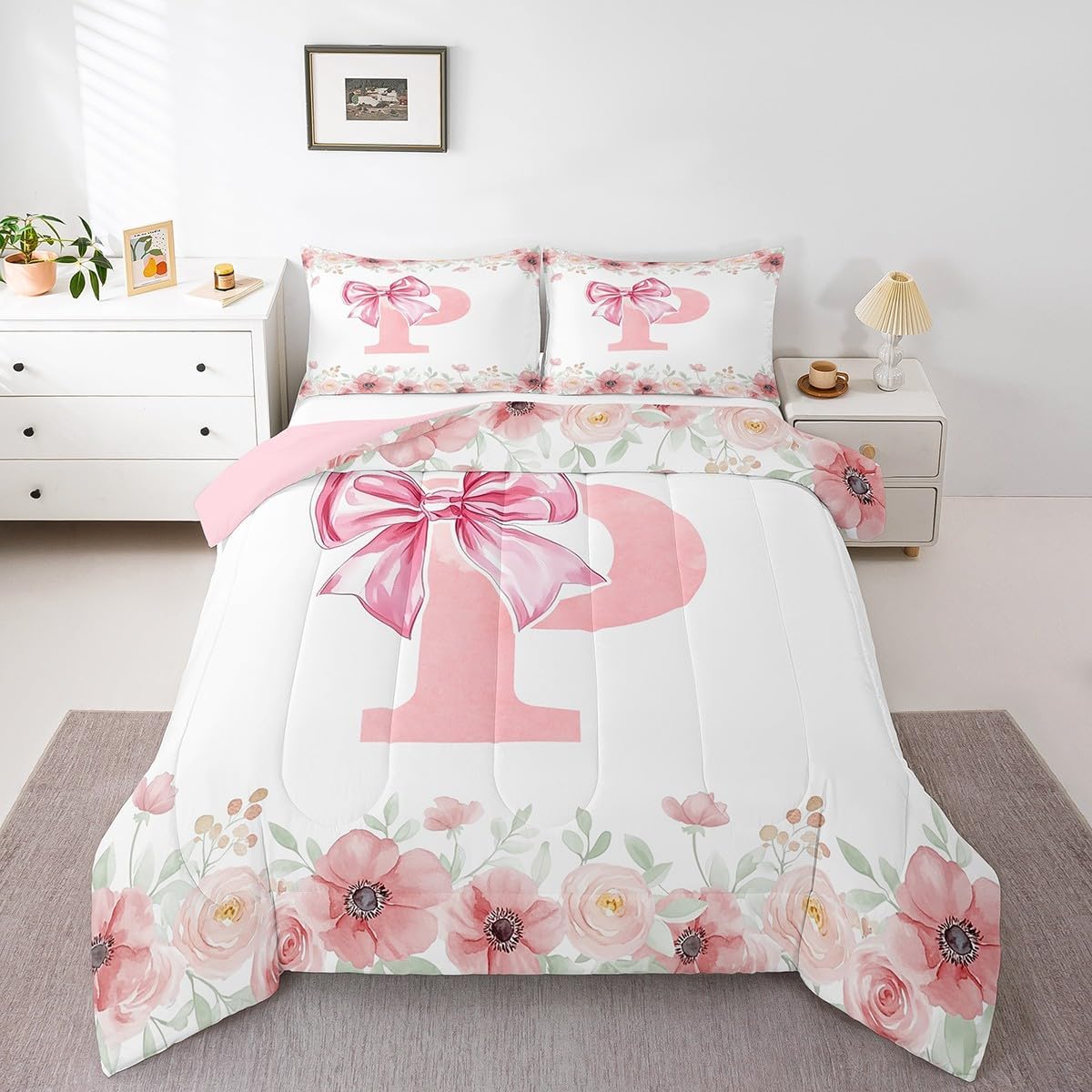 Erosebridal Initial Letter P Bow Bedding Set for Kids Girls Teen Women,Pink Girly Bowknot Comforter Set Toddler Cute Fantasy Princess Bedding Comforter Sets Romance Flower Floral Quilt Duvet