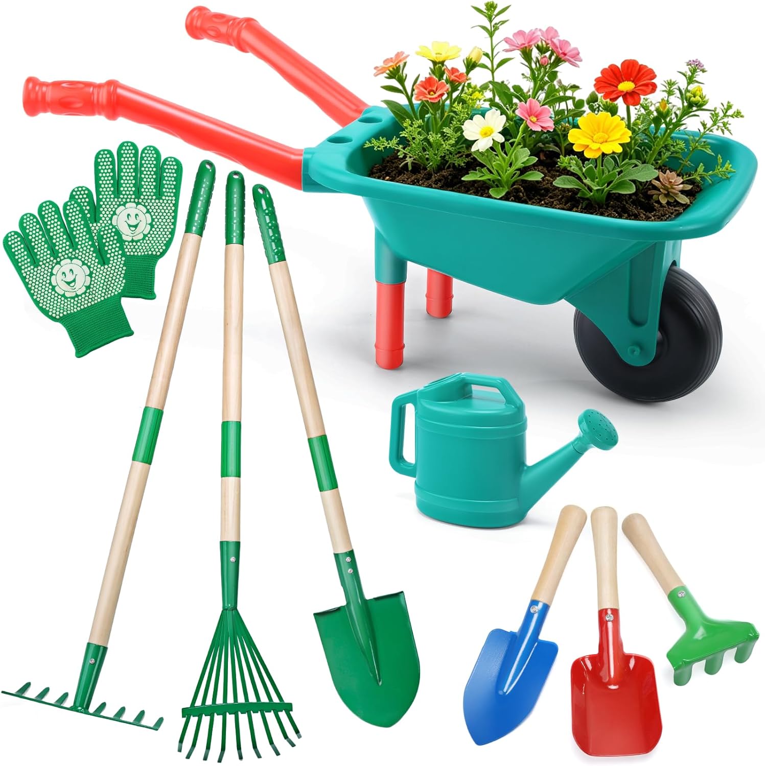 CUTE STONE Kids Gardening Tools Set - 9PCS Outdoor Toys for Toddlers with Wheelbarrow, Shovel, Rake & Watering Can - Durable Kids Gardening Kit for Backyard, Sandbox, Indoor & Outdoor Play Ages 3-5