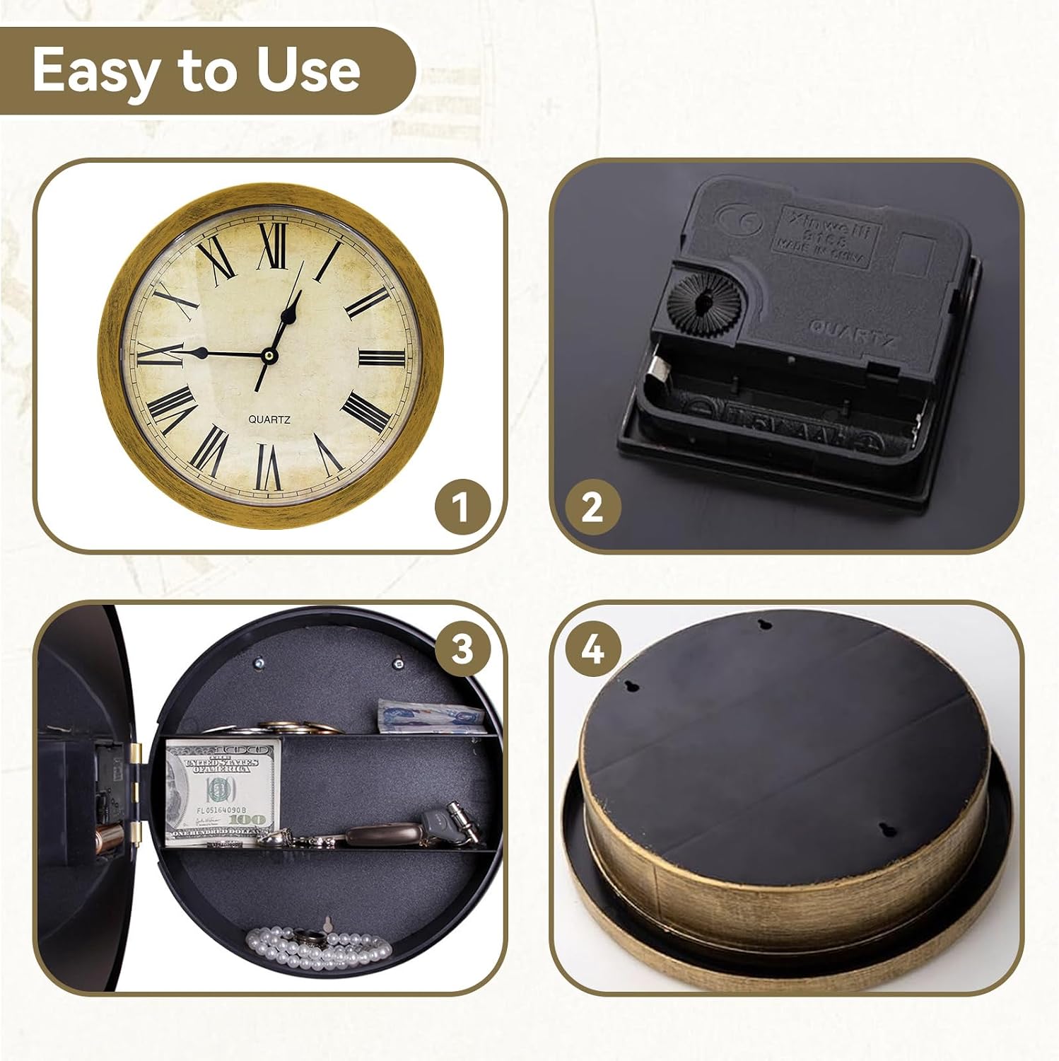 Wall Clock with Hidden Safe, Vintage Wall Clock Diversion Safe Simple Style Plastic Wallclock Valuables Diversion Safe for Money Cash Jewelry (Gold)