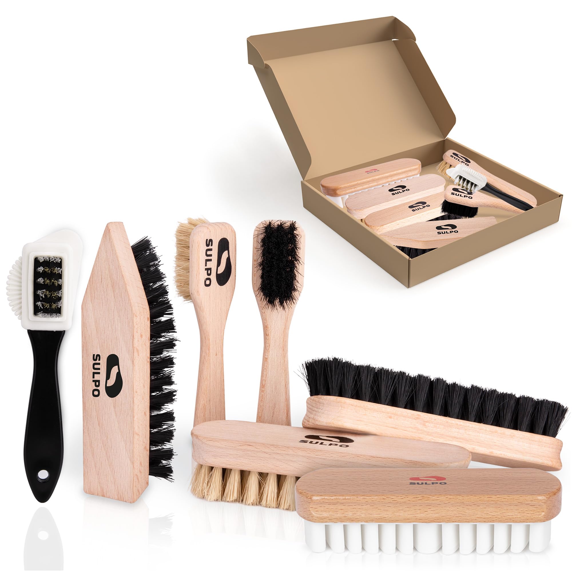 SULPO 7-Piece Shoe Polish Kit With Leather Cleaning Tools - 2 Soft Bristle Brushes, 2 Polishing, 1 Dirt, 1 Brass and Nylon Bristle, 1 Crepe Brush for Nubuck Leather