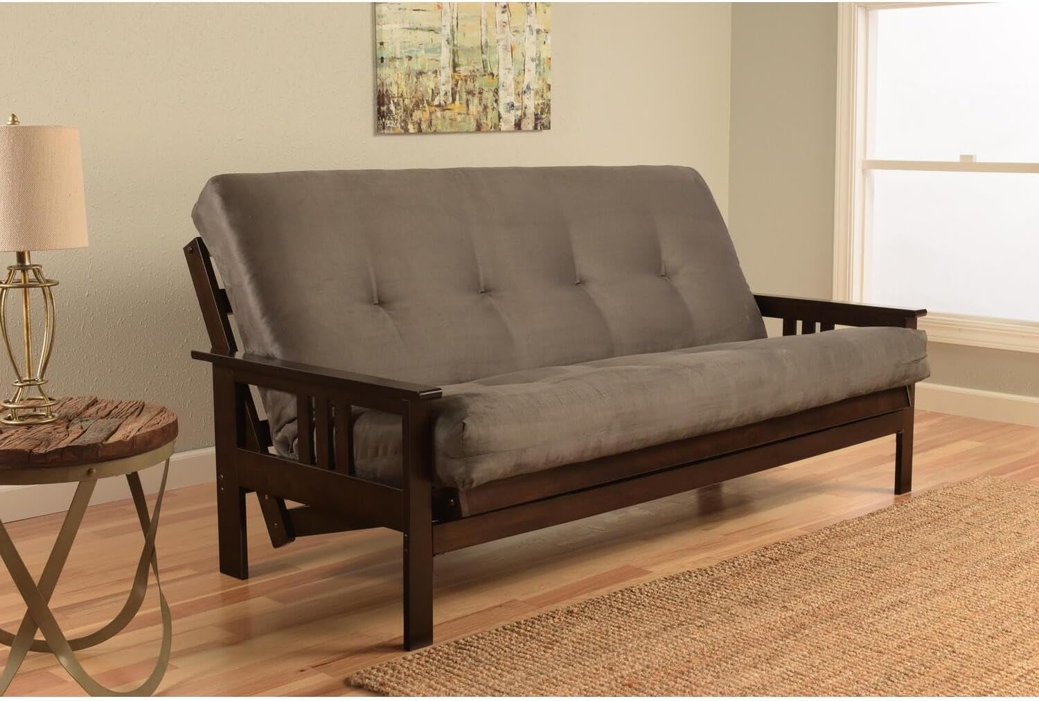 HomeStock Full Futon with Fabric Mattress - Convertible Sofa Bed - Gray & Espresso