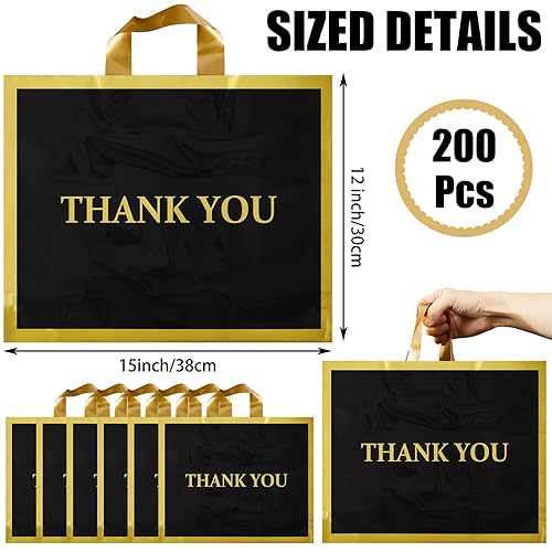 Miniatura 2 de Sweetude 200 bolsas de plástico de agradecimiento para pequeñas empresas, a granel, 12 x 15 pulgadas, bolsas de mercancía con asa dorada (negro)