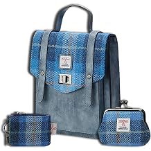 Islander Set from Harris Tweed Mini Carloway Backpack - Card Zip Wallet & Coin Purse Holiday Gift, Blue Tartan, Medium