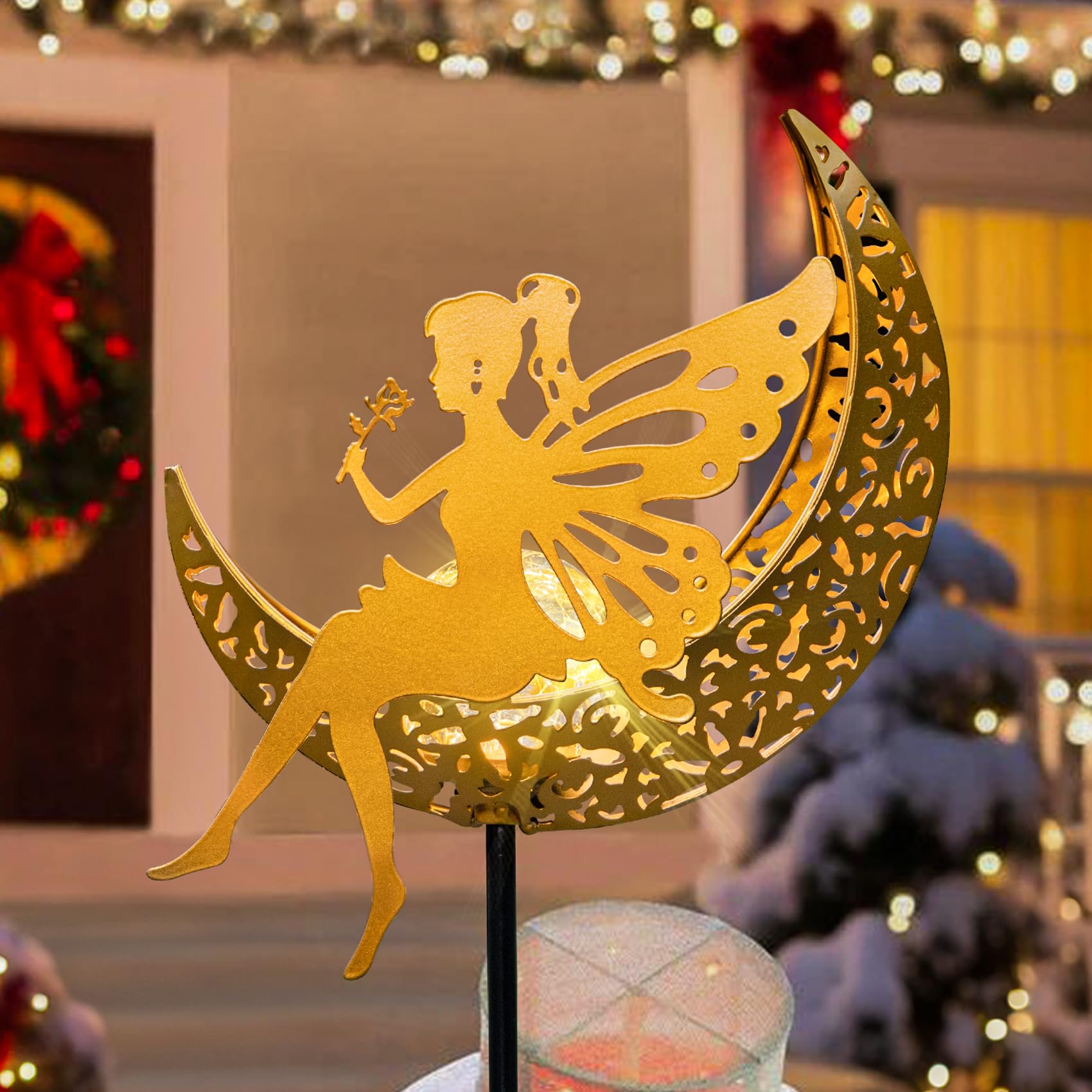 Fairy Moon Solar Lights Outdoor Garden Gifts for Mom Yard Decorations Stakes Lights, Waterproof LED Outside Backard Decor, Lawn Patio Ornaments, Mothers Day Birthday Gifts for Mom (Gold,1Pack)