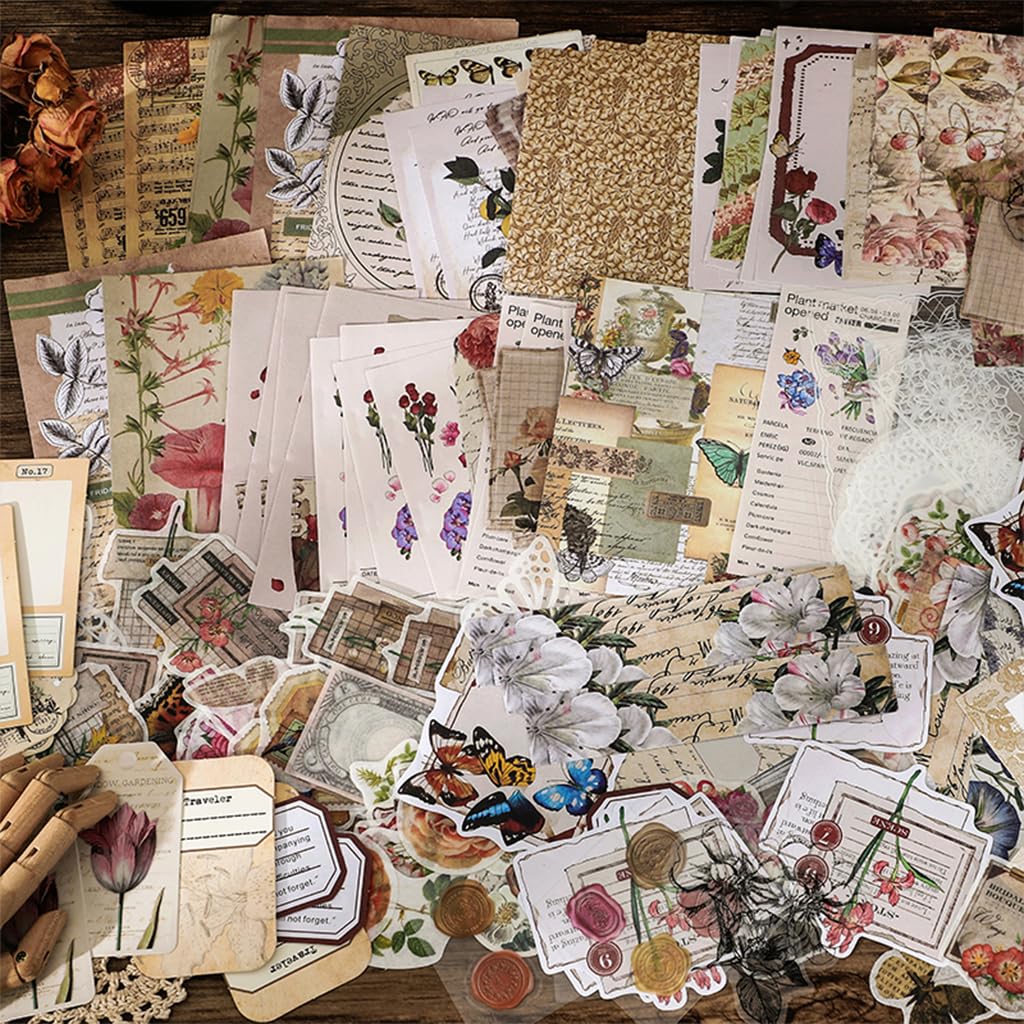 HASTHIP® 260Pcs Sheets Vintage Journaling Supplies, Scrapbook Paper Kit Aesthetic Floral & Vintage Elements, Washi Tape, Stickers, Material Papers, PET Stickers for Junk Journals Planner Retro Craft 2