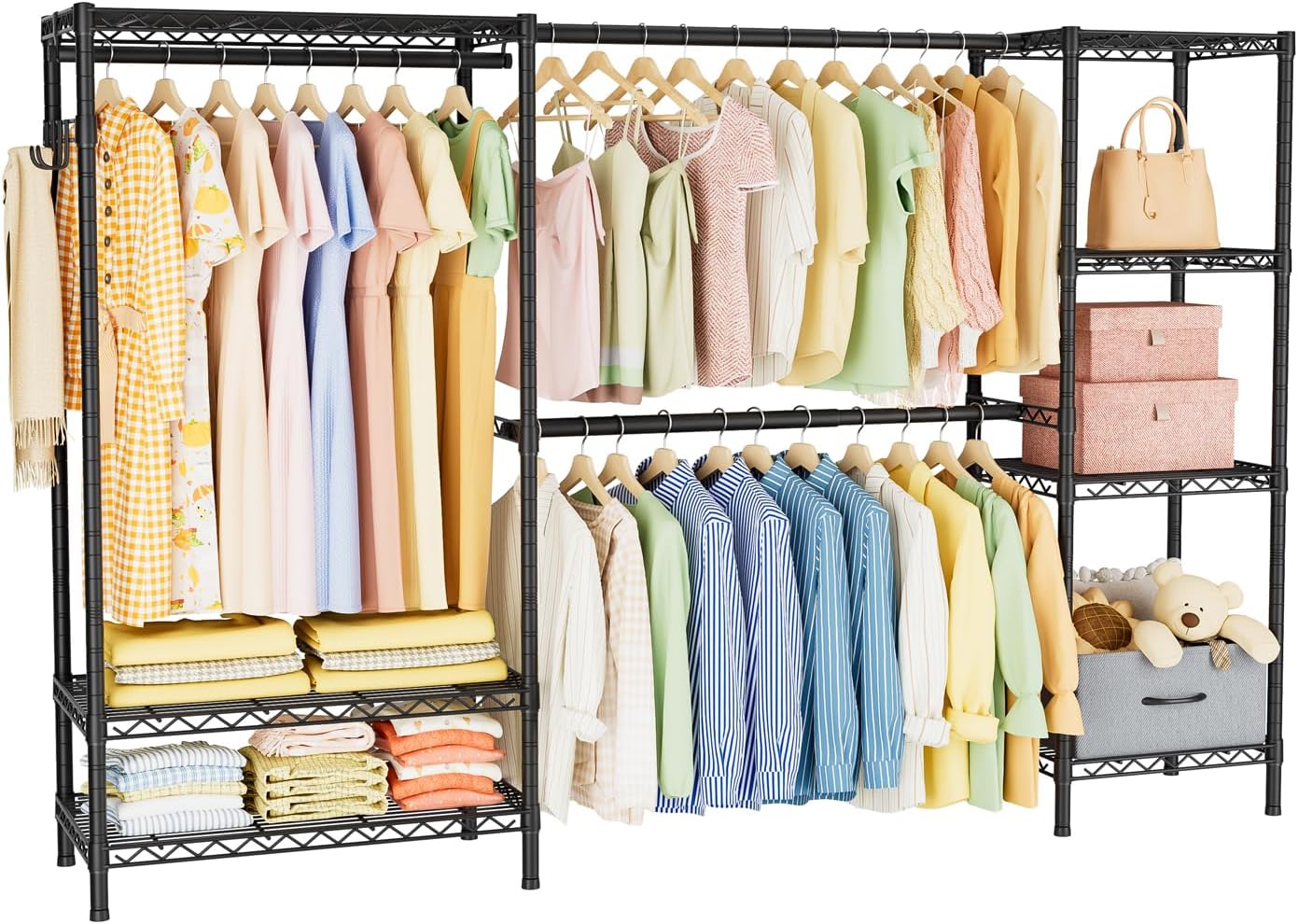 Coat Rack Clothes Wardrobe：Closet Organizer and Storage Clothing Garment Rack with Shelves Heavy Duty for Hanging Clothes Portable Adjustable Black 15.8" Dx(70-88.5)" Wx76.5 H