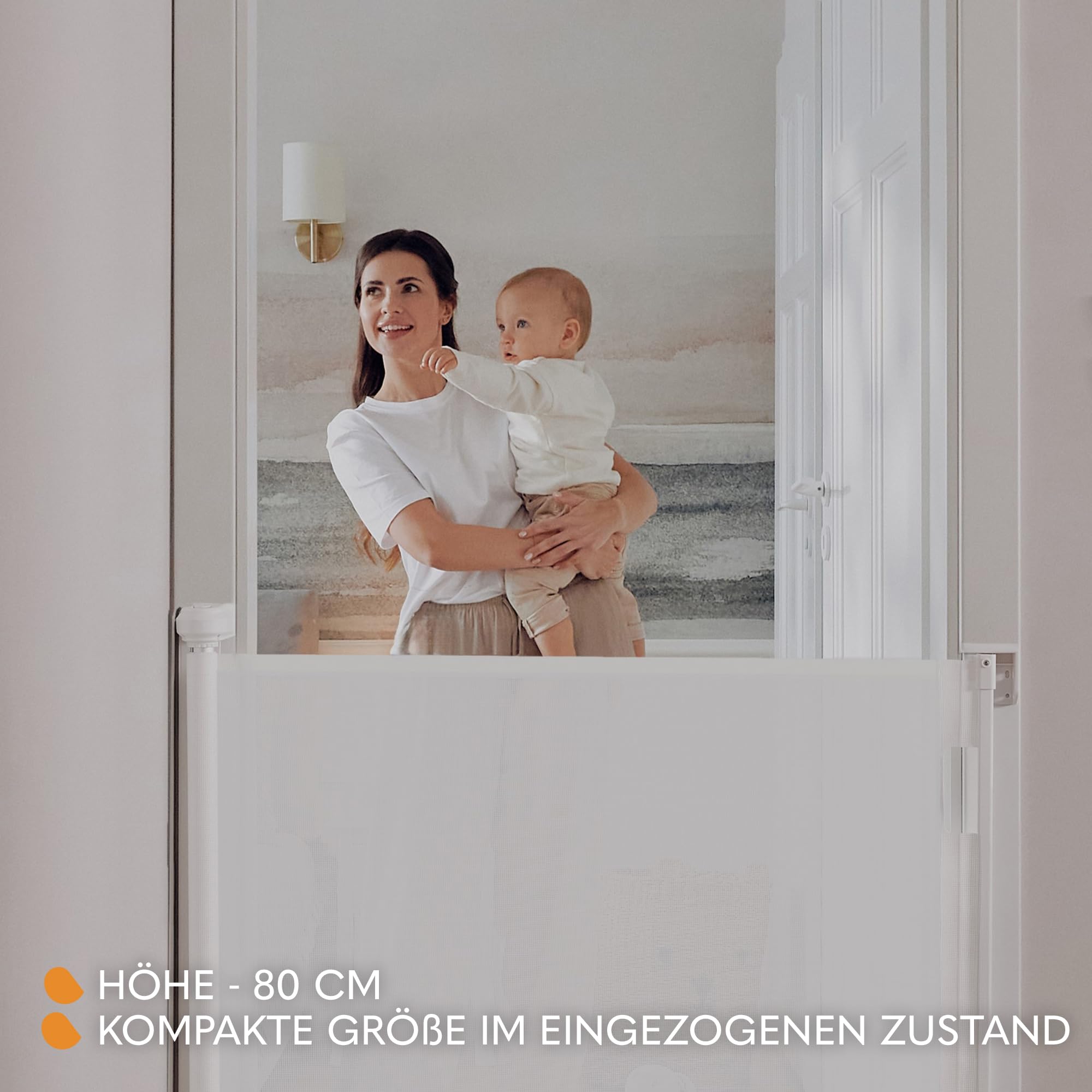 Lionelo Thea Treppenschutzgitter Ausziehbar für Babys, Hunde bis 140 cm | Türschutzgitter Kindertreppenschutzgitter Schutzgitter ohne Schwelle Doppelverriegelung UV-Schutz, 3 Montagesets Stabi