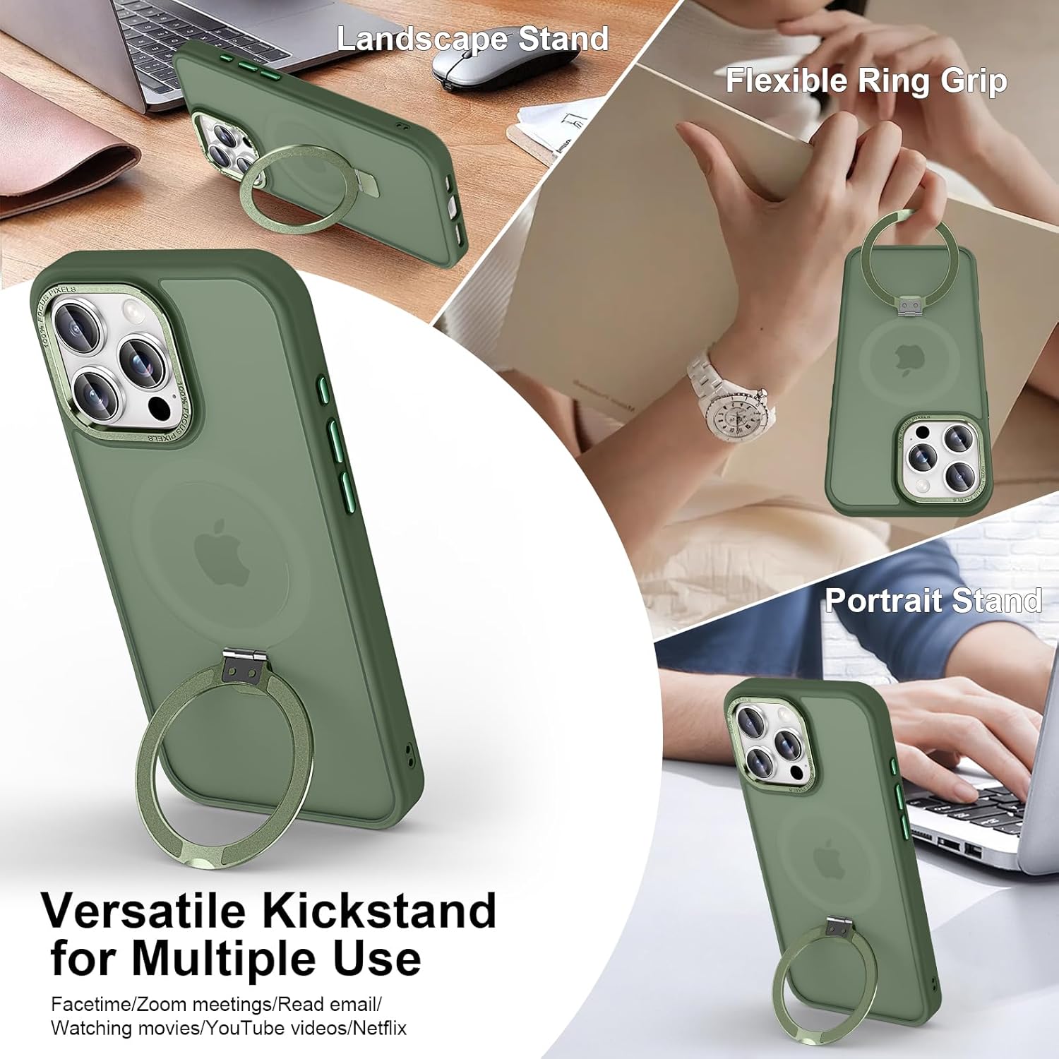 Magnetic for iPhone 16 Pro Case with Ring Stand, [10 FT Drop Protection] [Velvety Touch] Slim Translucent Matte Back Shockproof Phone Case for iPhone 16 Pro 6.3'', Midnight Green - Image 3