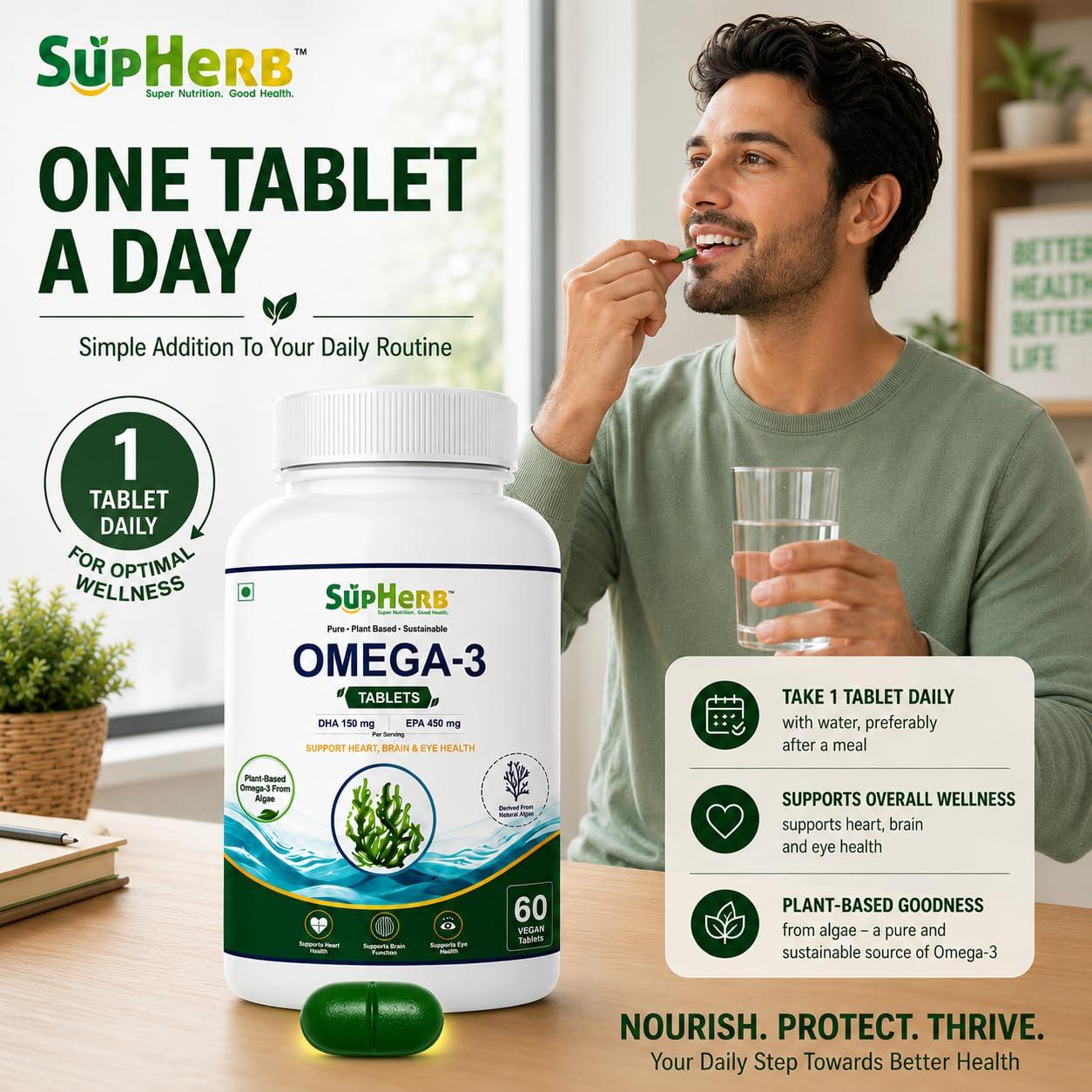 SupHerb Omega-3 Vegan Tablets – Plant Based Omega 3 from Marine Algae, DHA 150mg & EPA 450mg, Supports Heart, Brain & Eye Health, Sustainable Fish Oil Alternative, Soy Free & Gluten Free, 60 Vegan Tablets — Amazon image 4