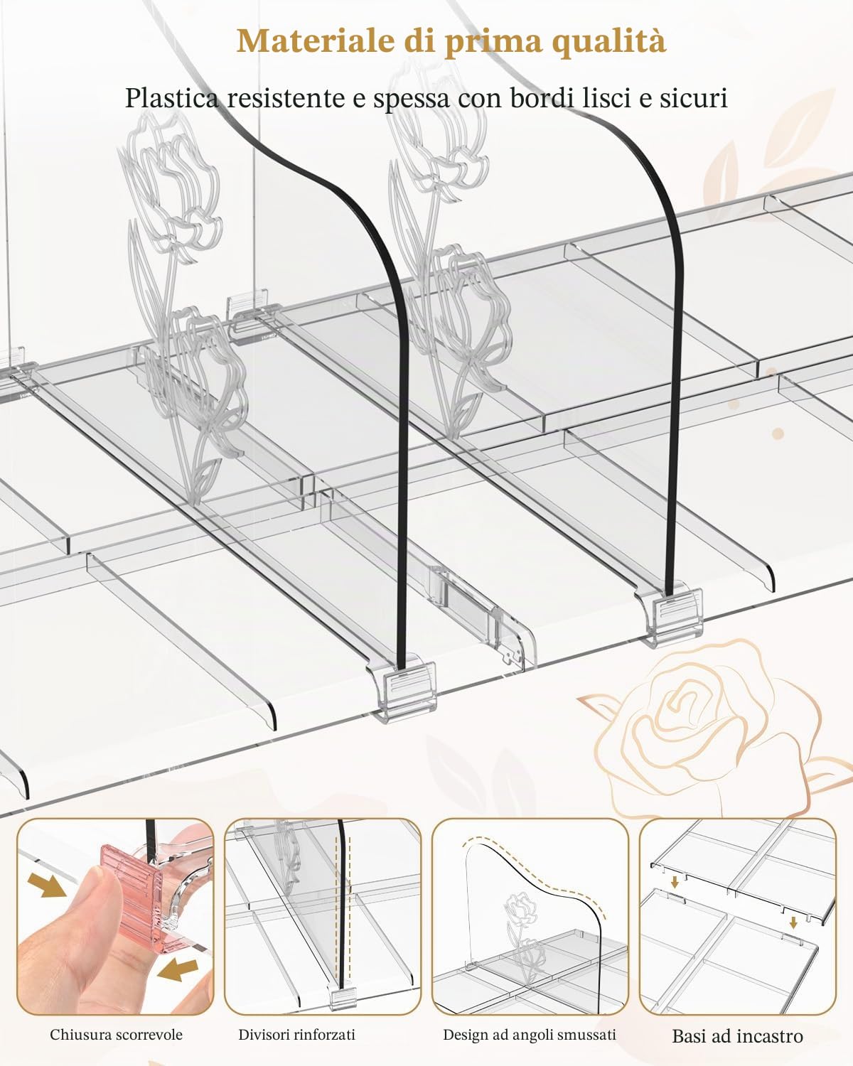 Confezione da 2 organizer per borse a forma di rosa, divisori regolabili per armadio, organizer trasparente per armadio, separatore per libreria in plastica per camera da letto, ufficio, casa, ottimo