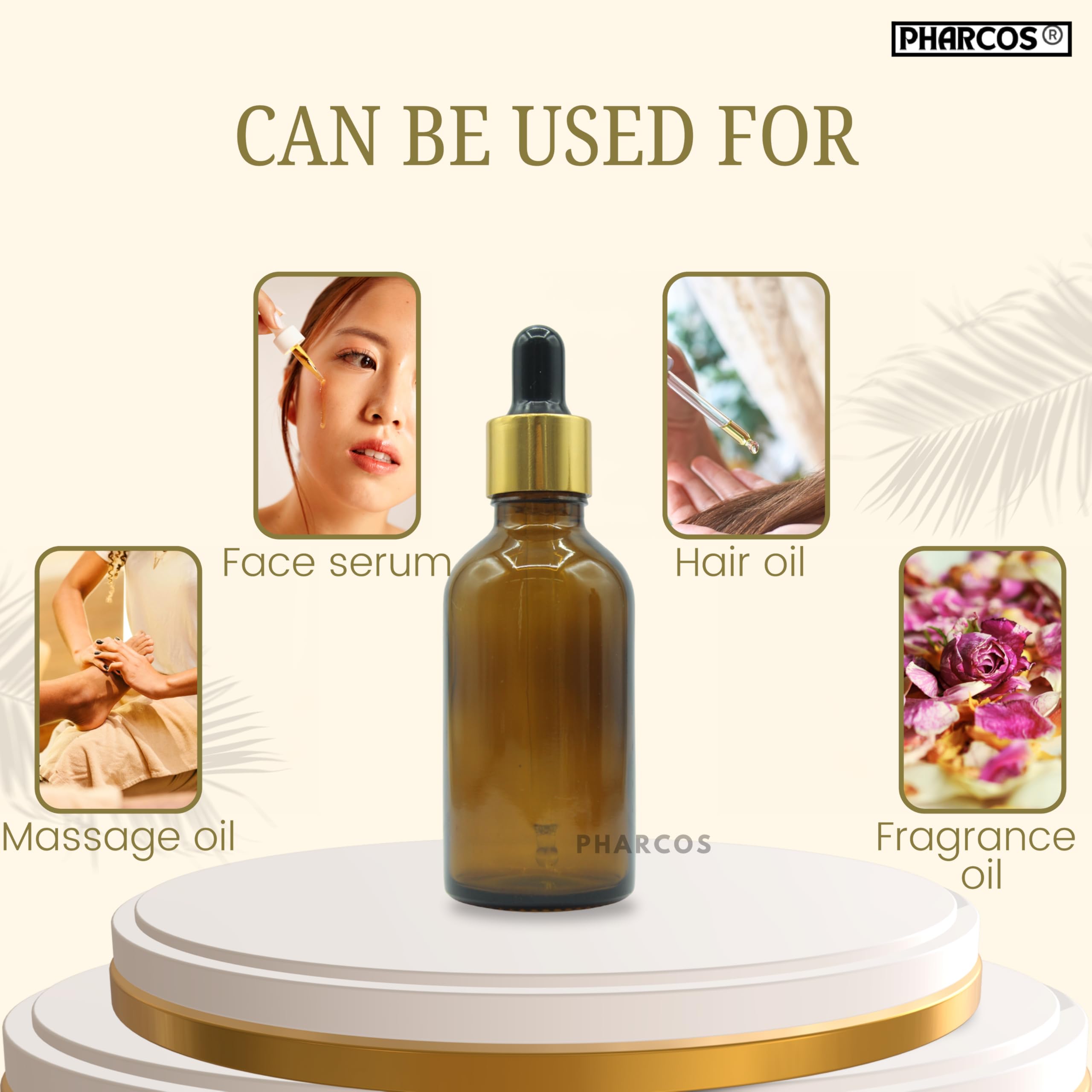 PHARCOS 50ml Amber Round Empty Glass Bottle with Golden Plating Ring, Black Silicone Teat for Essential Oils Blends, DIY Skin Care, Serum Bottles, Cosmetic Use Essential Oil bottles (Amber- 1pc- 50ml) 3