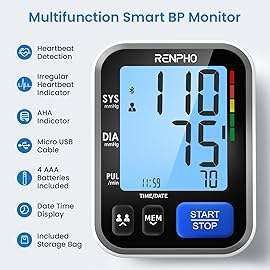 RENPHO Smart Blood Pressure Monitor for Home Use, Bluetooth BP Machine with Wide Range Cuff for Large Size Adult Arms, Muti-Users, Data Storage, Family Supplies