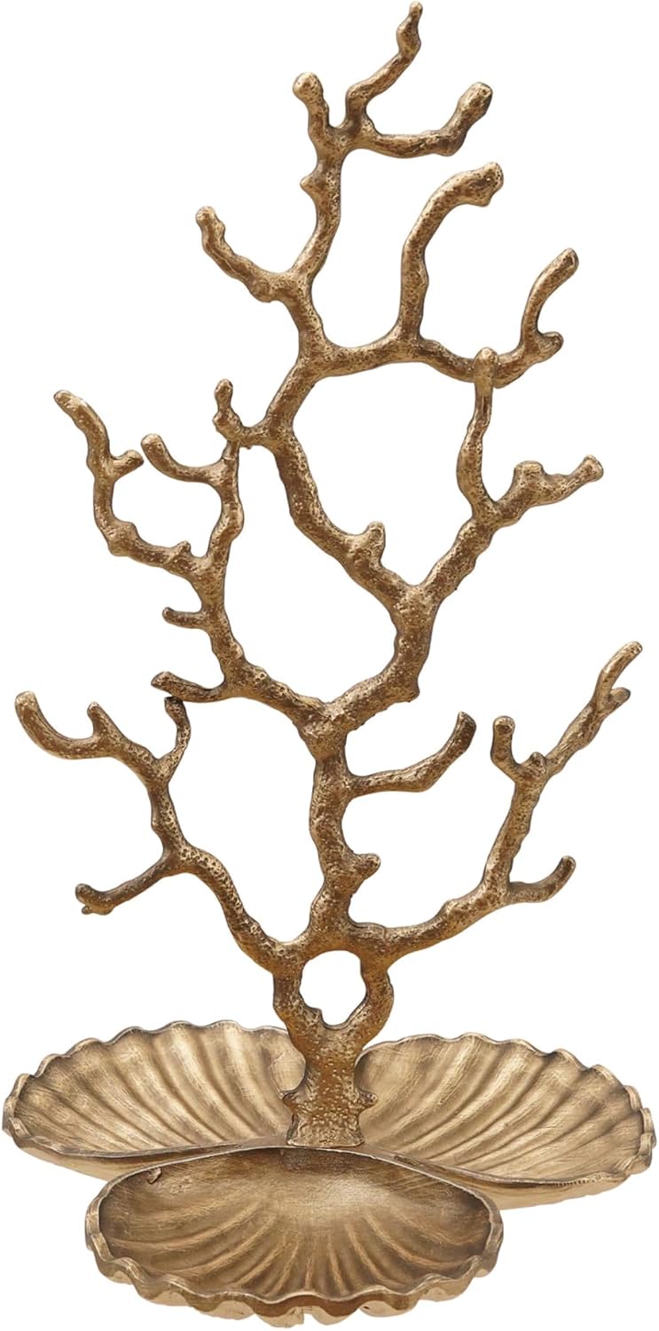 Creative Co-Op Metal Coral-Shaped Jewelry Holder with Shell Base and 3 Sections, Antique Brass Finish