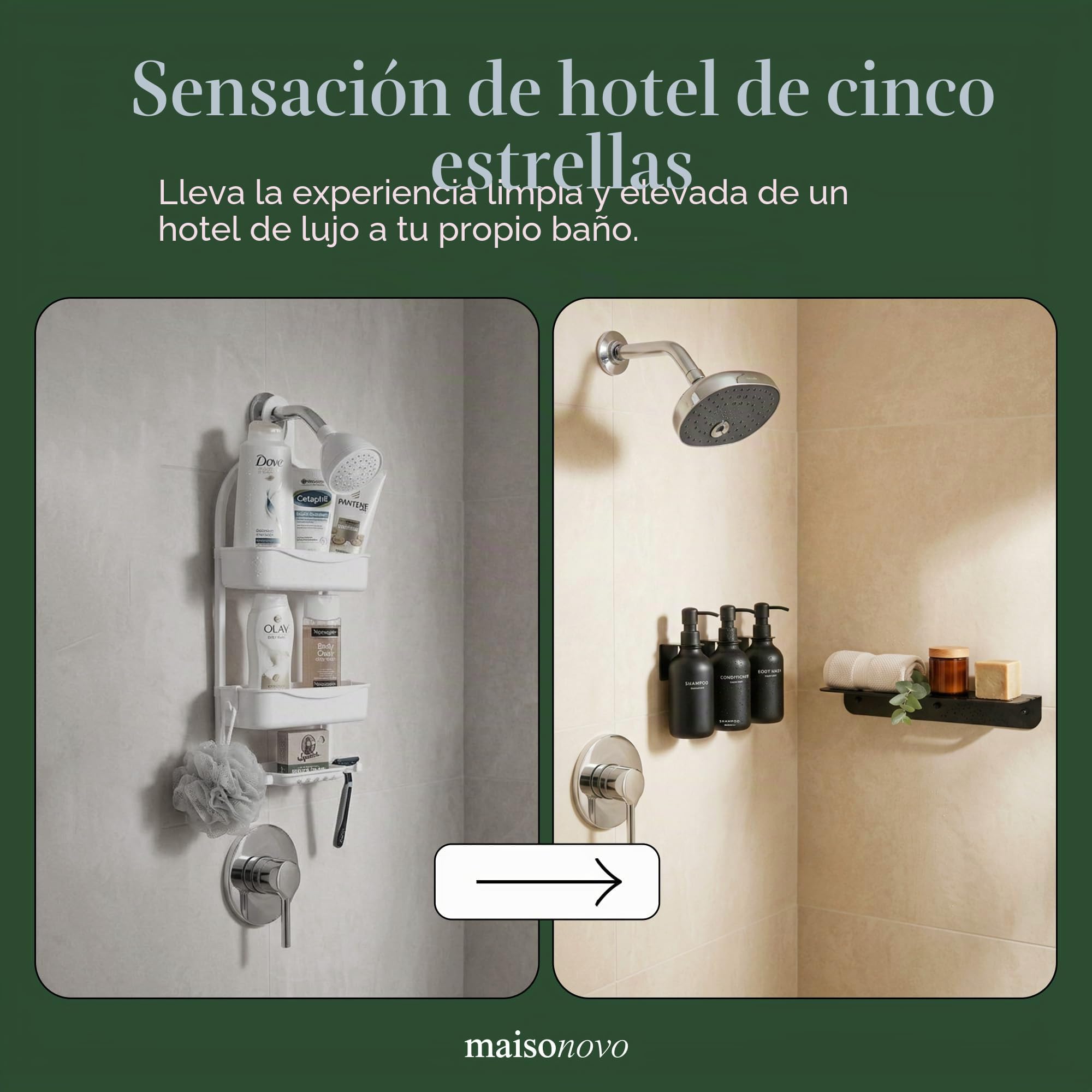 MaisoNovo Dispensador de champú y acondicionador - Dispensador de jabón para Ducha montado en la Pared, Juego de 3 Botellas de plástico Negras con Bombas de plástico Negras
