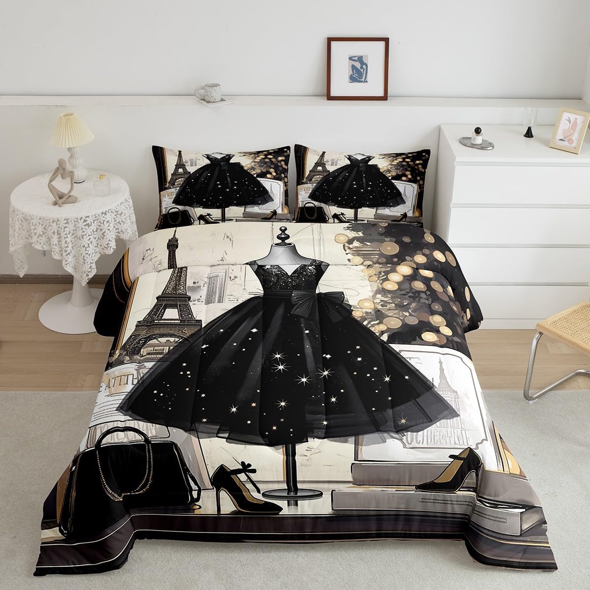 Black Dress Bedding Full Size Modern Fashion Comforter Set Eiffel Tower Paris Themed Bedding Comforter Sets Fashion Woman Dress Duvet Insert Girls Black High Heels Romantic Makeup Decor Quilt
