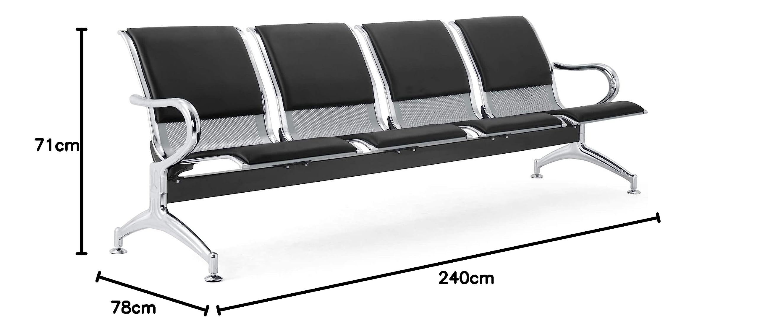Banc 4 places acier 240x71x78H argenté pour salle d'attente | Avec coussin pour siège et dossier NOIR | Banc avec accoudoirs