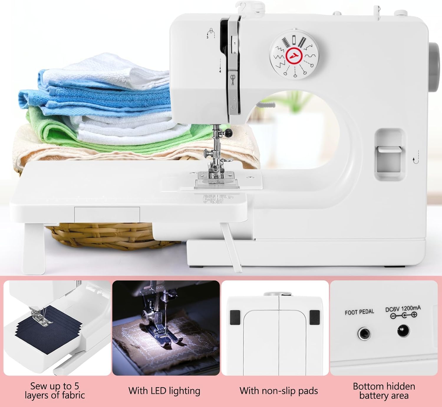Macchina da cucire meccanica per principianti e principianti, 12 programmi di cucitura, braccio libero, luce da cucito e pedale elettrico con pedale e kit da cucito
