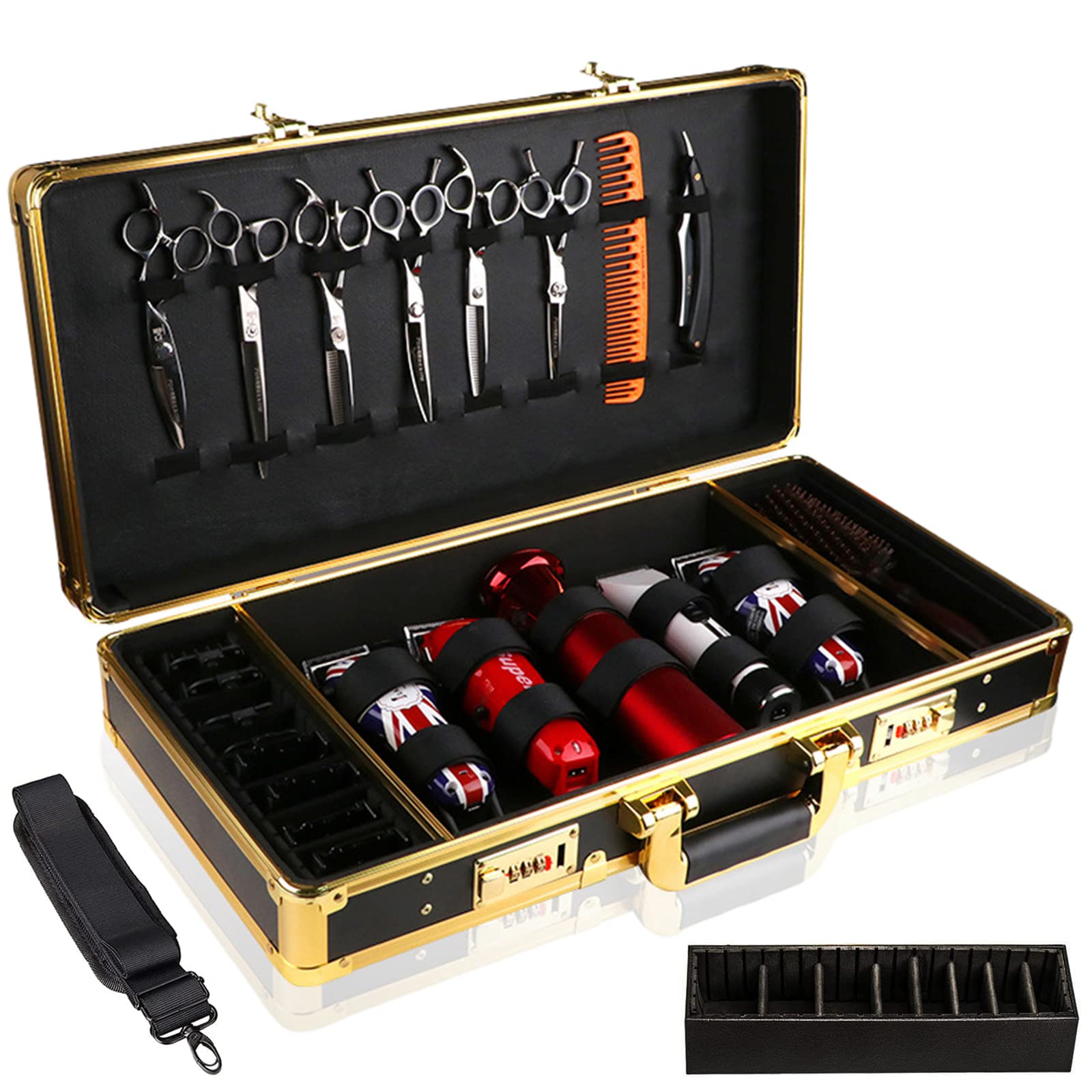Barber Carrying Case Luxury Portable Barbers Case for Clippers and Supplies Professional Double Layer Barber Tools Travel Organizer Box (gold-a)
