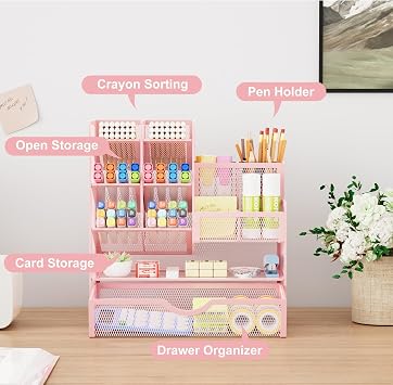 Marbrasse Mesh Desk Organiser,Stationary Organiser,Multifunctional Pen Holder,Desktop Storage and Drawer for Home Office(Pink)