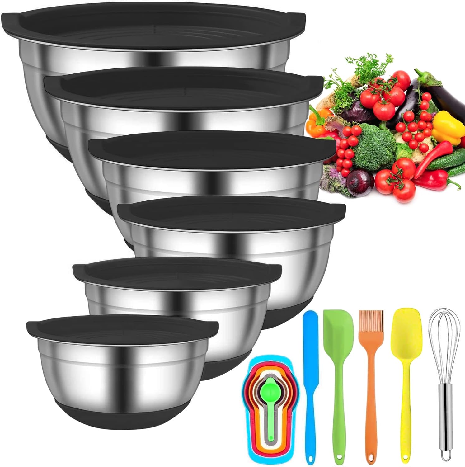Menbyci 6 Pcs Mixing Bowls with Lids,Stainless Steel Mixing Bowls,Black Non-Slip Bottoms,Including Kitchen Utensils,Mixing Bowl Set for Kitchen Mixing Baking Prepping Cooking Serving
