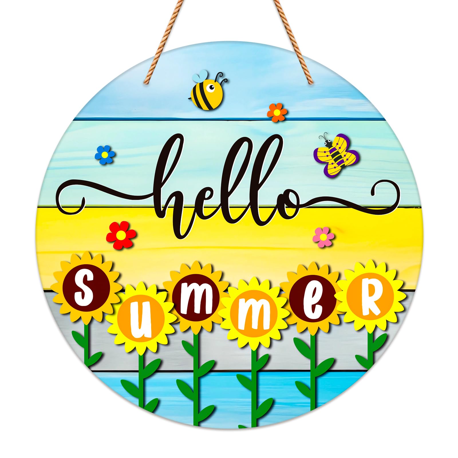 JUESMOS Hello Summer Door Decorations 11.5" Round Sunflowers Welcome Sign for Front Door Decor Farmhouse Hello Summer Hanger Sign for Porch Wreaths Home Office Wall Decorations