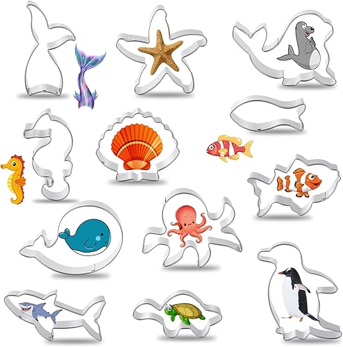 FACATH Juego de 12 cortadores de galletas con forma de tiburón, estrella de mar, pulpo, concha, ballena, sello, tortuga y cola de sirena, etc.