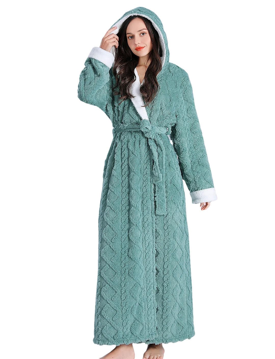 Women Winter Housecoat Soft Warm Hooded Robe Long Fluffy Fleece Bathrobe