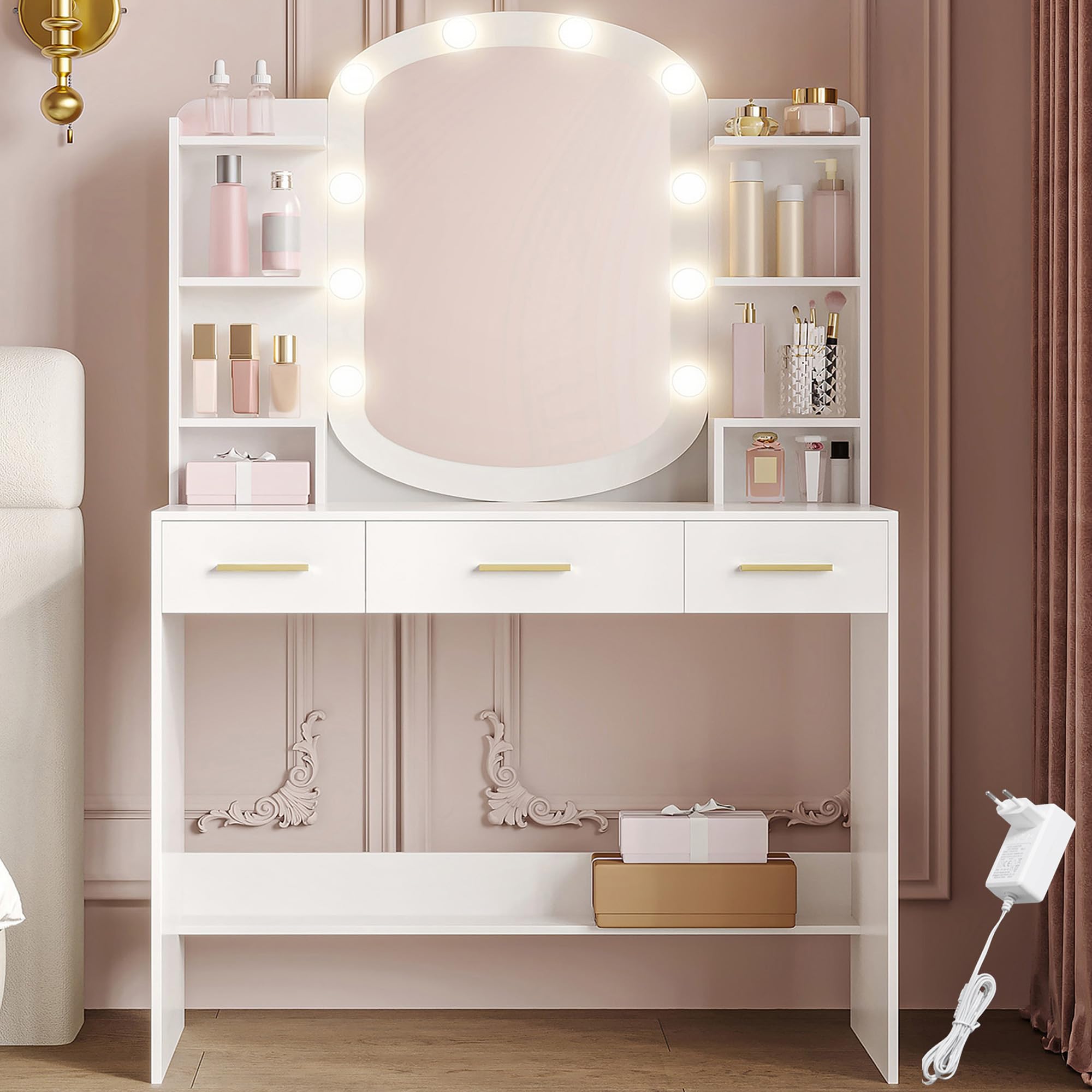 Coiffeuse Avec Miroir, 10 Lumières Led, 4 Compartiments, 3