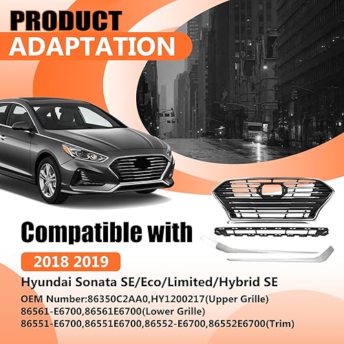 Miniatura 8 de JX RACING  PERFORMANCE  ACCESSORIES Compatible con Hyundai Sonata 2018-2020 Rejilla de Parachoques Delantero Repuesto Cromo