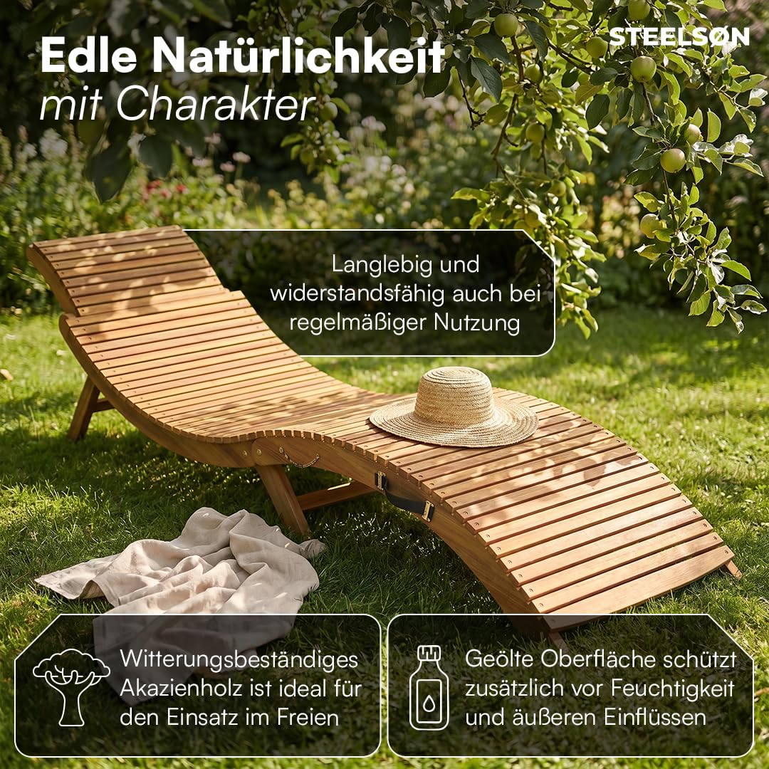 STEELSØN Gartenliege Ophira aus Holz – klappbare Sonnenliege – Holzliege für den Garten wasserfest – Saunaliege mit Verstellbarer Kopfstütze – Akazienholz Natur geölt – bis 200 kg belastbar