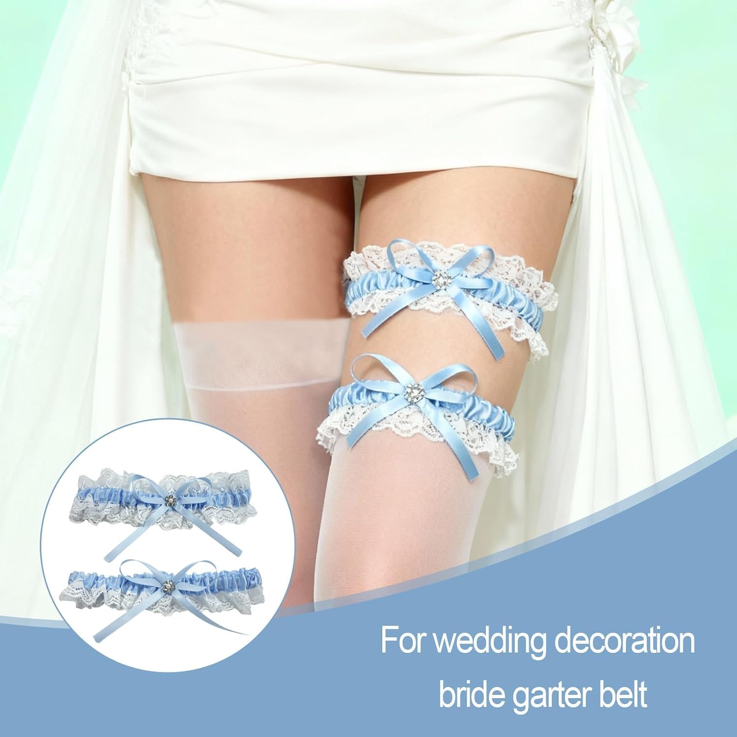 2 Pcs Blue Wedding Garter Set, Lace Bridal Garters with Bow and Faux Pearls, Something Blue Leg Band for Bride, Adjustable 15-23 Inch Garter Belt for Wedding and Bridal Shower