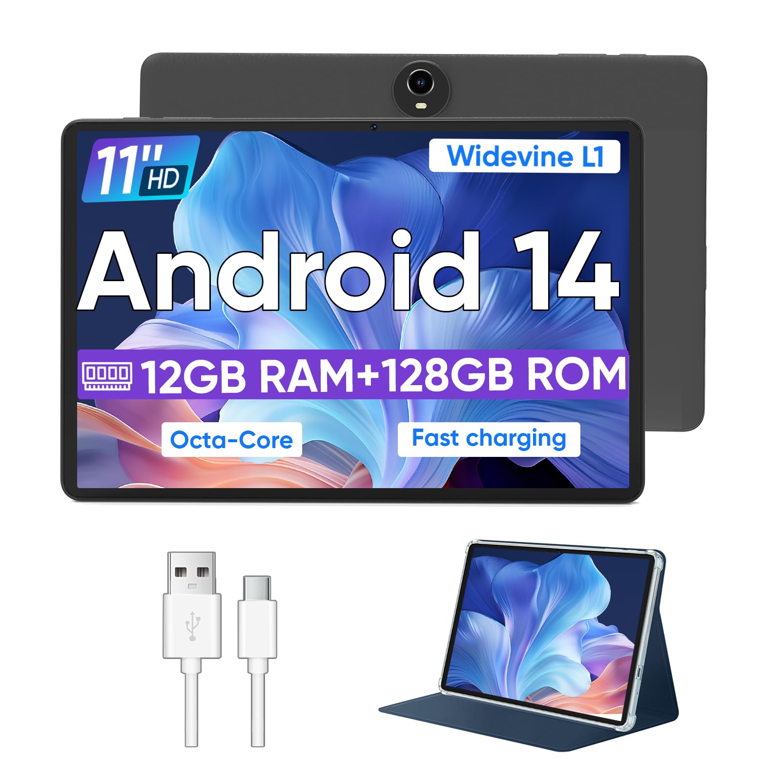 Tableta Android 14, tabletas de 11 pulgadas con procesador Octa Core, 12 GB de RAM + 128 GB de ROM 1 TB Expand, Widevine L1, batería de 8000 mAh, radio WiFi/GPS/FM de doble banda de 2.4/5Ghz, cámaras de 5/8MP, estuche incluido - negro