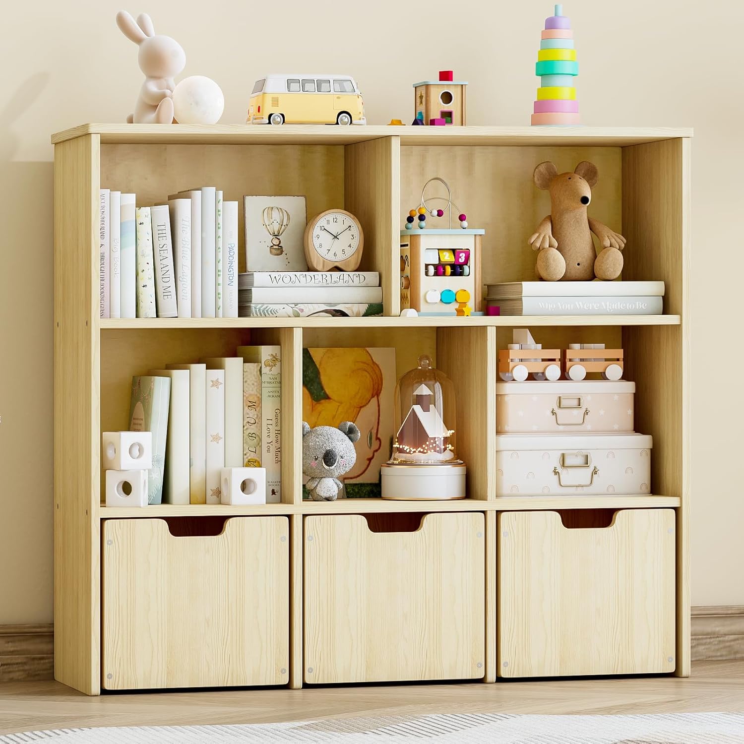 Toy Storage Organizer, Toy Organizer with 3 Movable Drawers and 5 Storage Cubes, Toy Storage Chest with Hidden Wheels, Kids Bookshelf for Playroom, Burlywood