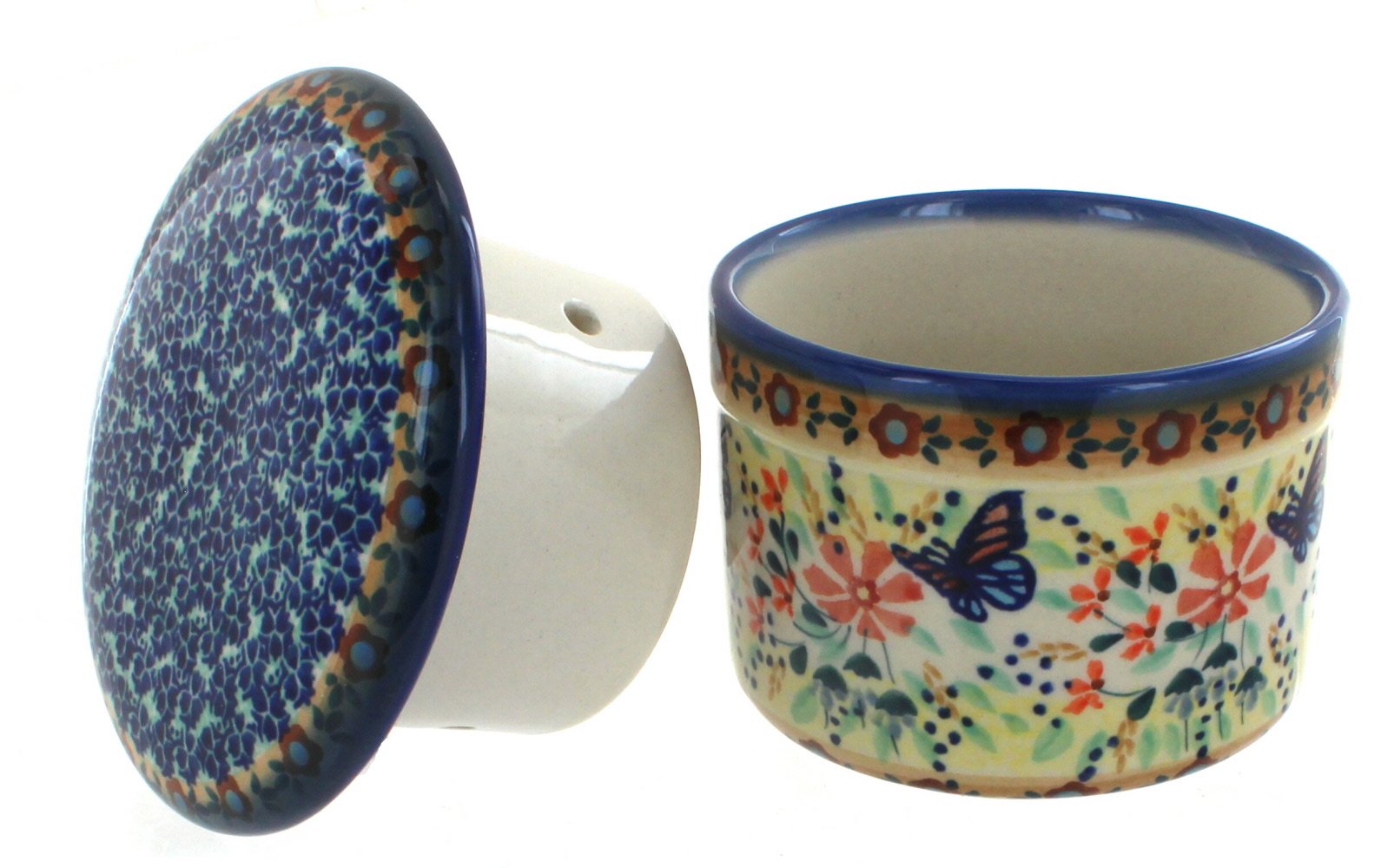 Blue Rose Polish Pottery Blue Butterfly French Butter Dish