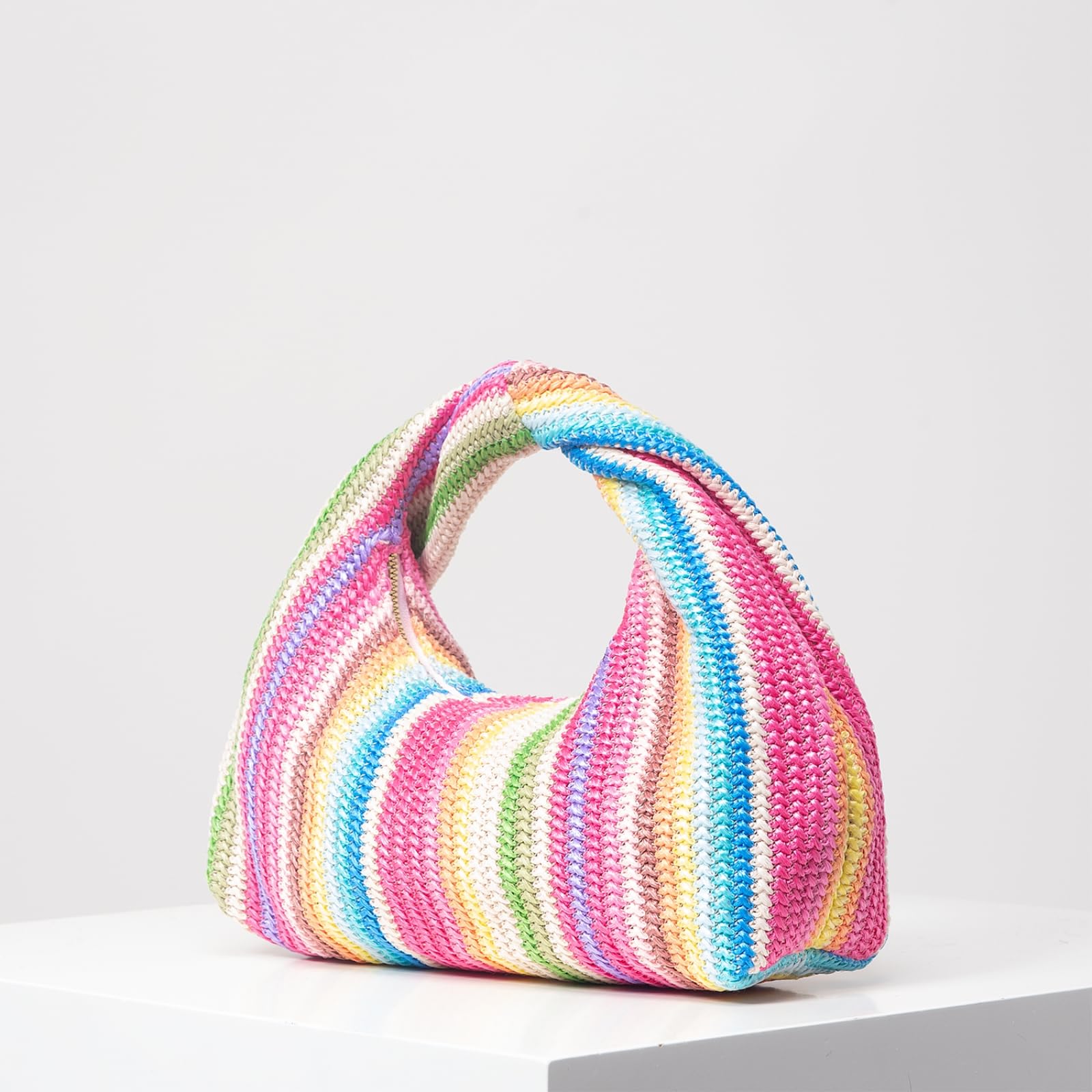 Borsa Spalla Paglia Rainbowhand-Woven, A Mini Maniglia Knotted-Top per Le Vacanze sulla Spiaggia E Escursioni Casual-Multi