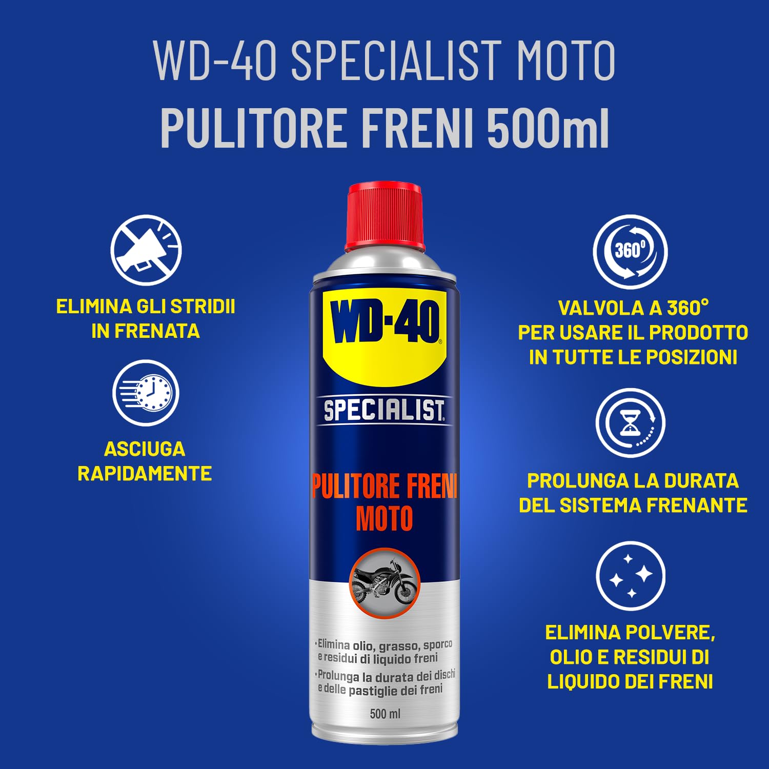 WD-40 - Specialist - Pulitore Freni Moto - Asciuga rapidamente, senza residui - Elimina lo stridio e prolunga la vita dei freni, previene lo slittamento della frizione - Spray con valvola a 360° 500ml
